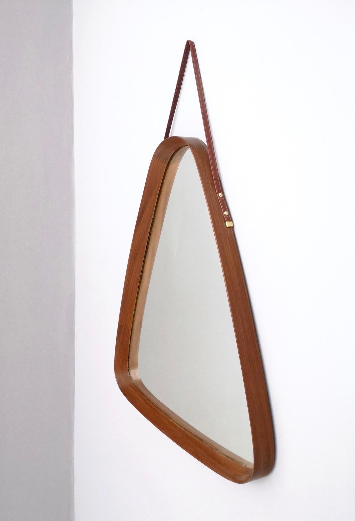 Italian Triangular Wall Mirror with Wooden Frame and a Leather Hook, Italy, 1960s