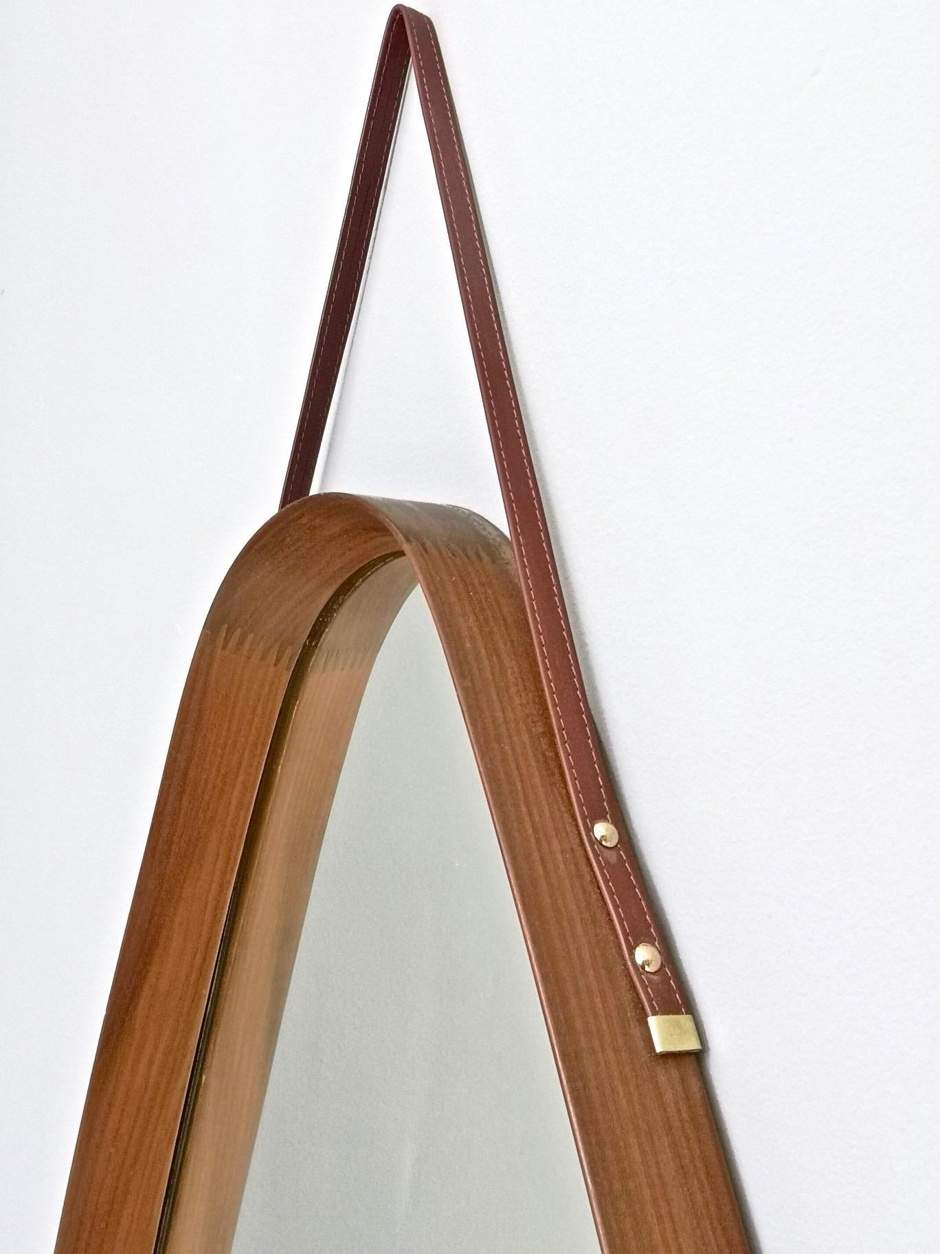 Triangular Wall Mirror with Wooden Frame and a Leather Hook, Italy, 1960s In Excellent Condition In Bresso, Lombardy