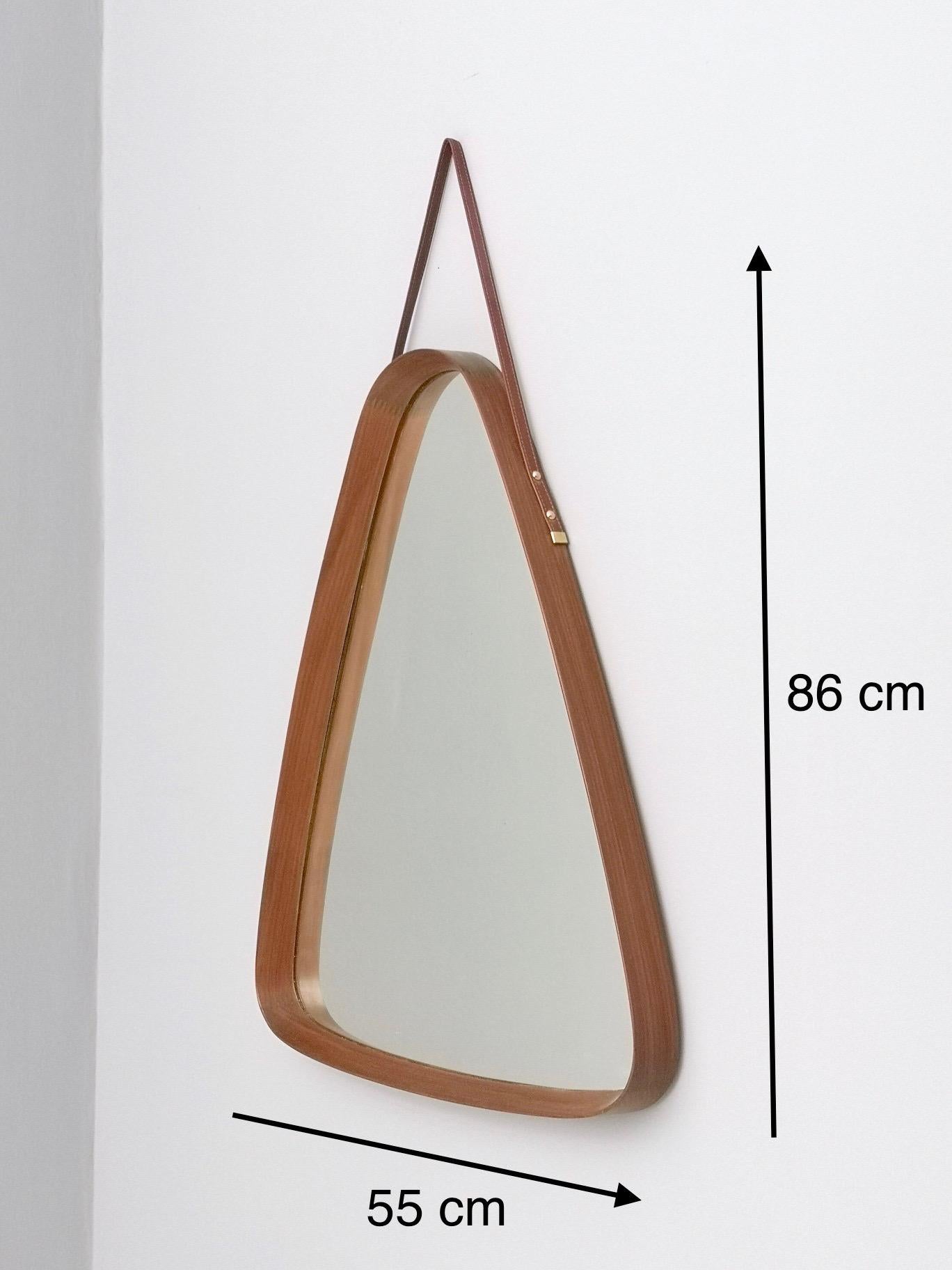 Triangular Wall Mirror with Wooden Frame and a Leather Hook, Italy, 1960s 2