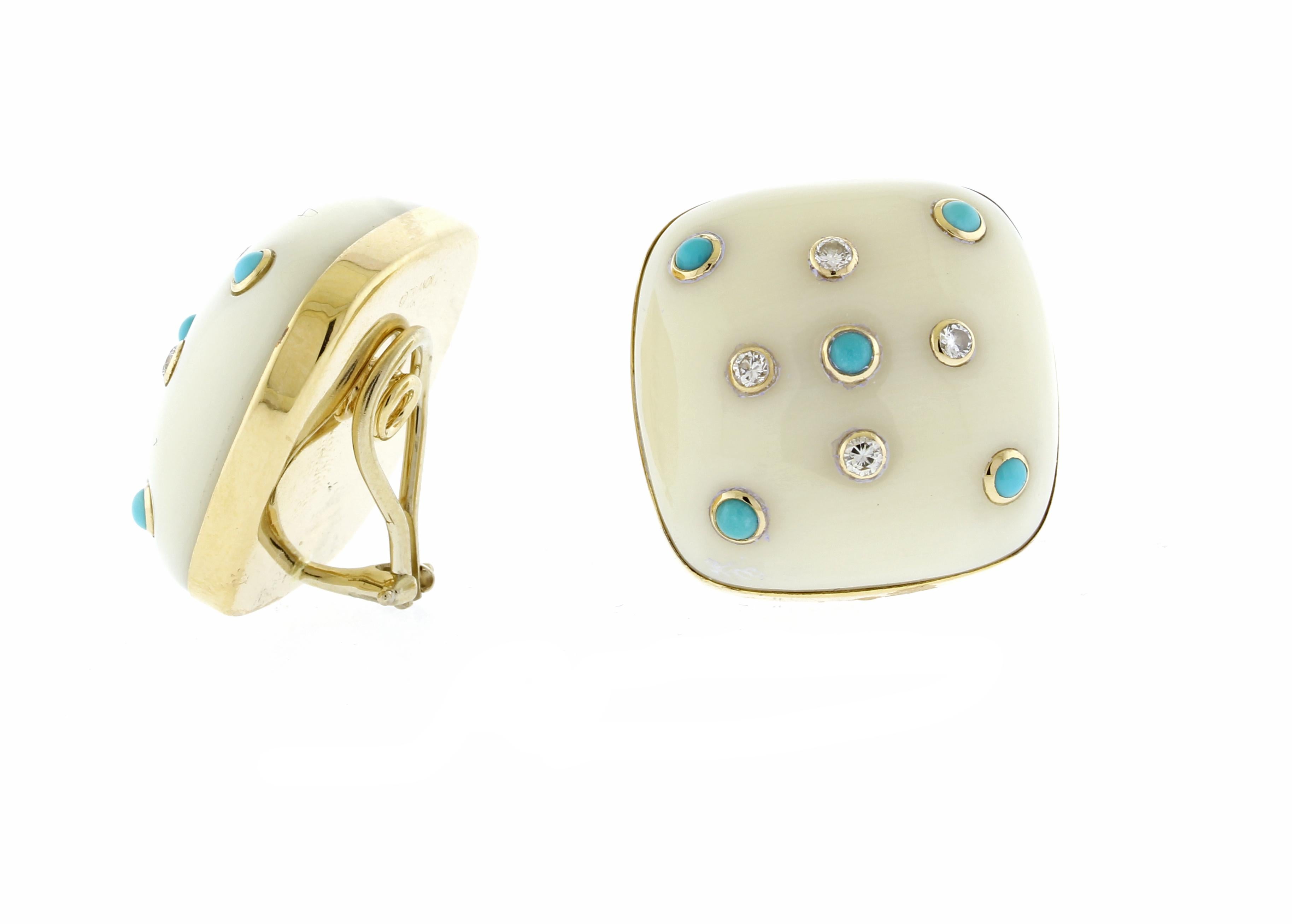 Taille ronde Trianon - Boucles d'oreilles à clip en or 14 carats, turquoise et diamants en vente
