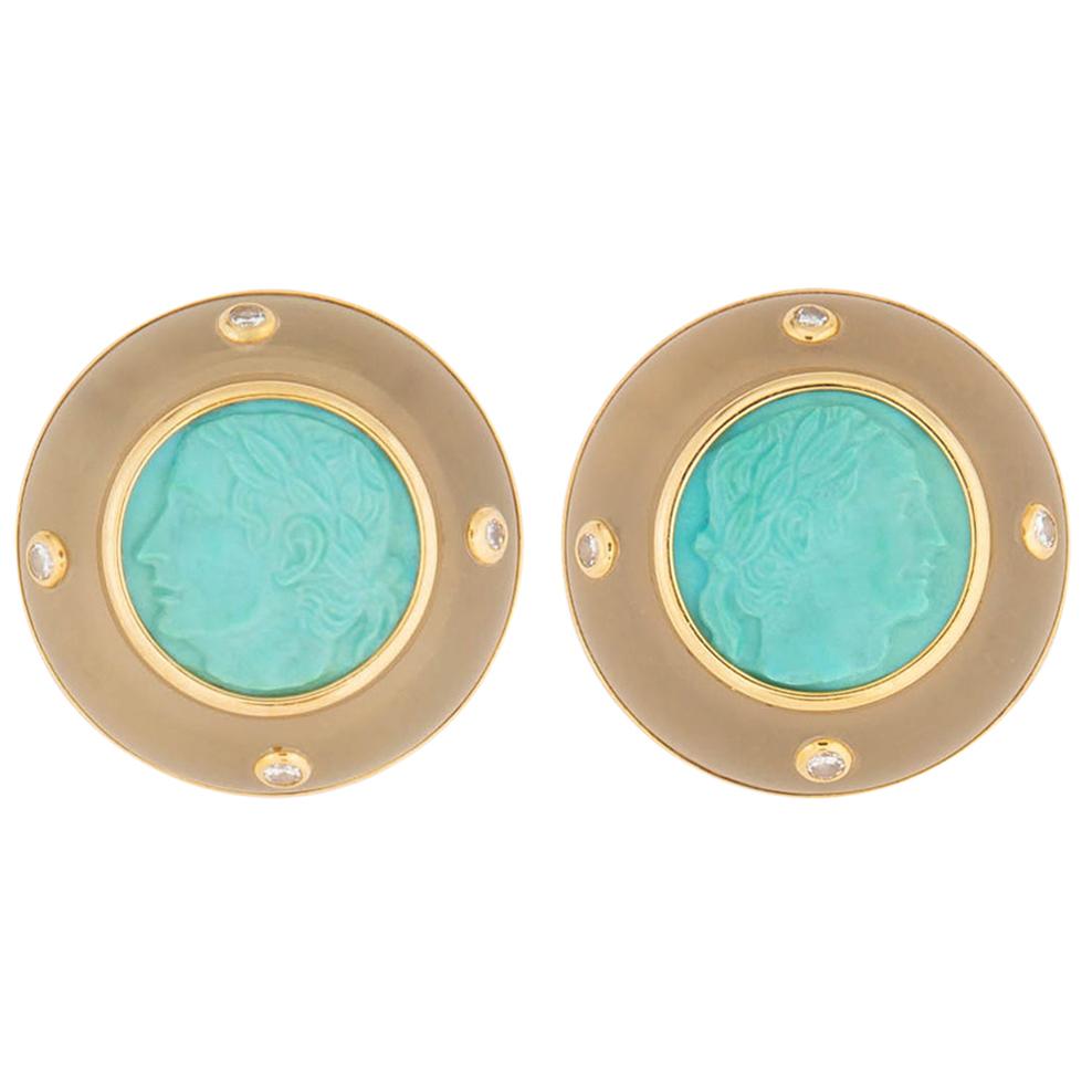Trianon 18 Karat Gold Carved Turquoise Rock Crystal and Diamond Earrings