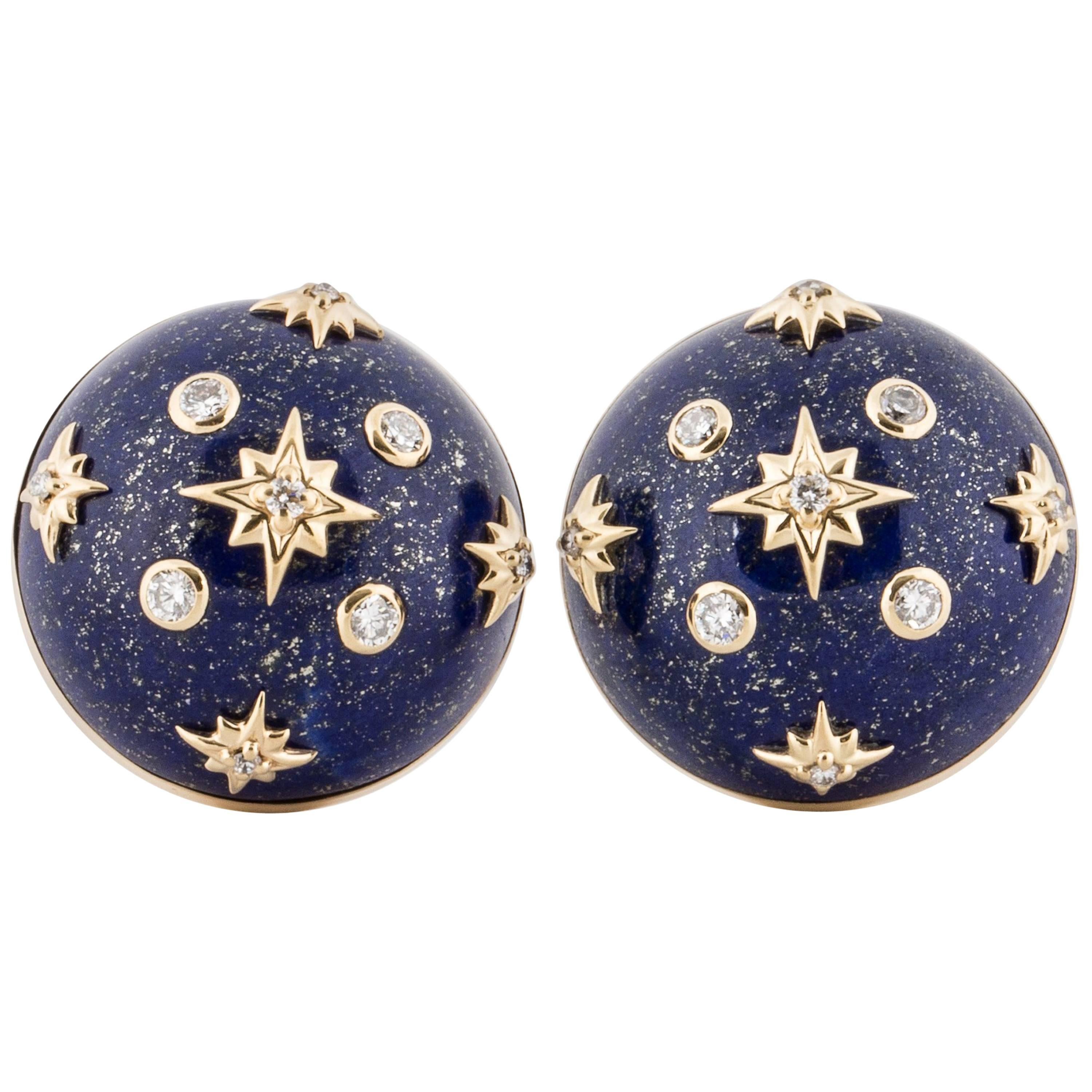 Trianon Lapis and Diamond Button Earrings in Yellow Gold