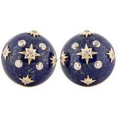 Trianon Lapis and Diamond Button Earrings in Yellow Gold