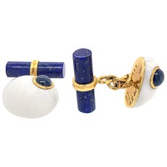 Trianon 18 Karat Yellow Gold Lapis Enamel Sapphire Cufflinks