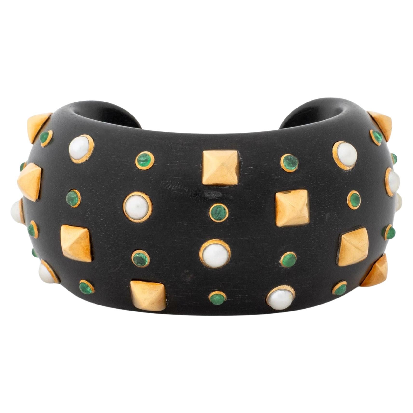 Manchette Trianon 18K Emeraude Perle Ebène en vente