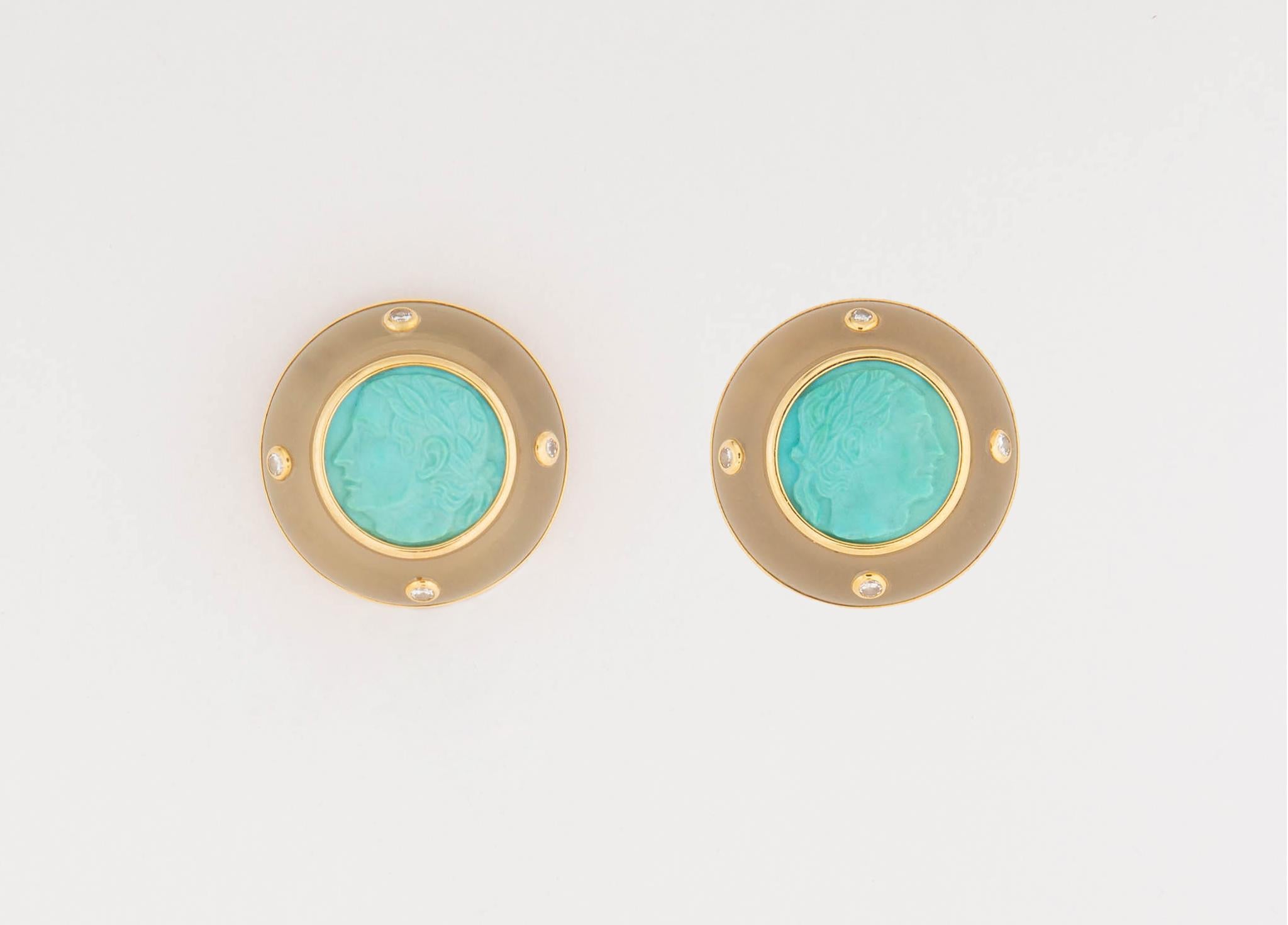 Contemporary Trianon 18 Karat Gold Carved Turquoise Rock Crystal and Diamond Earrings For Sale