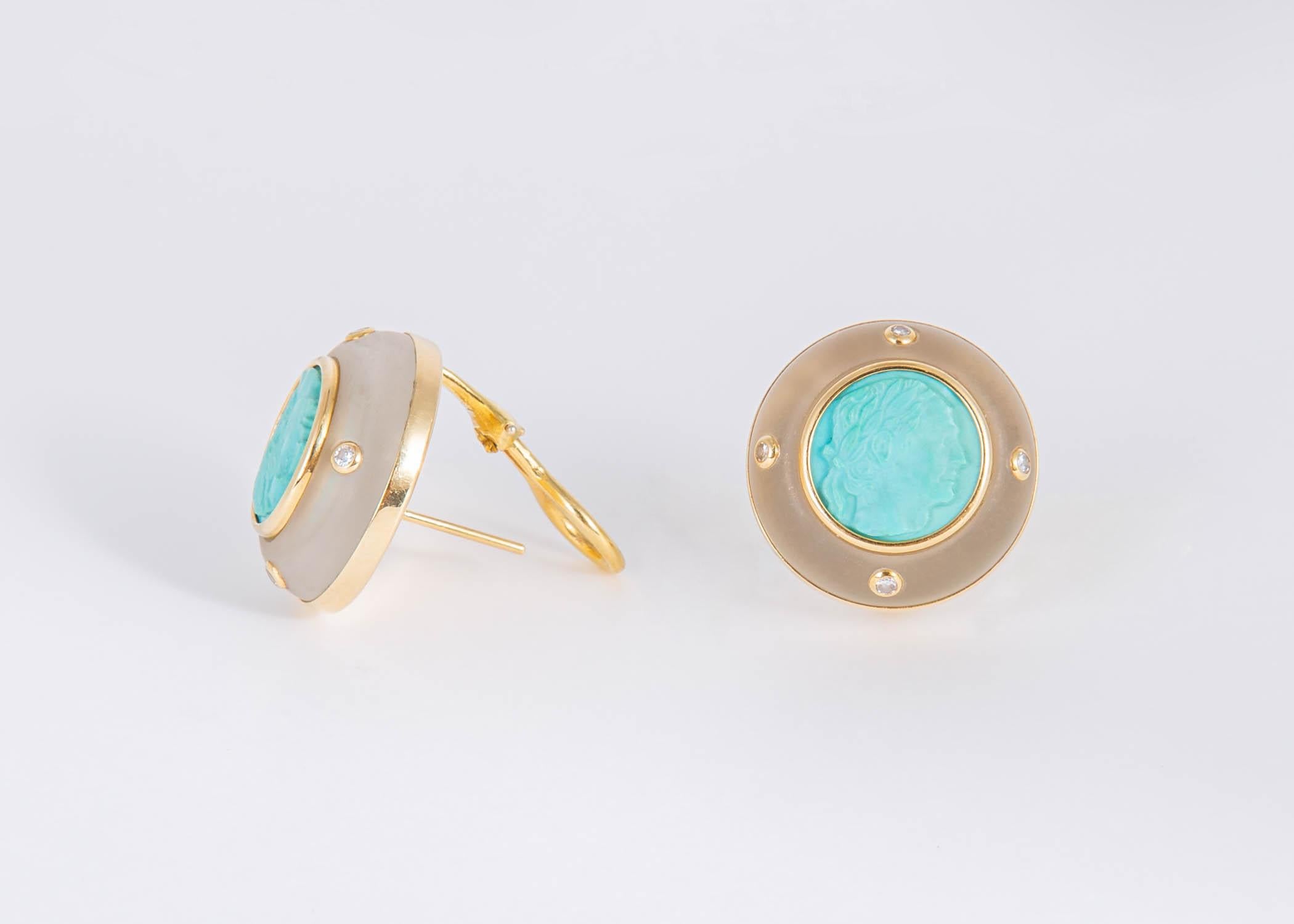 Brilliant Cut Trianon 18 Karat Gold Carved Turquoise Rock Crystal and Diamond Earrings For Sale