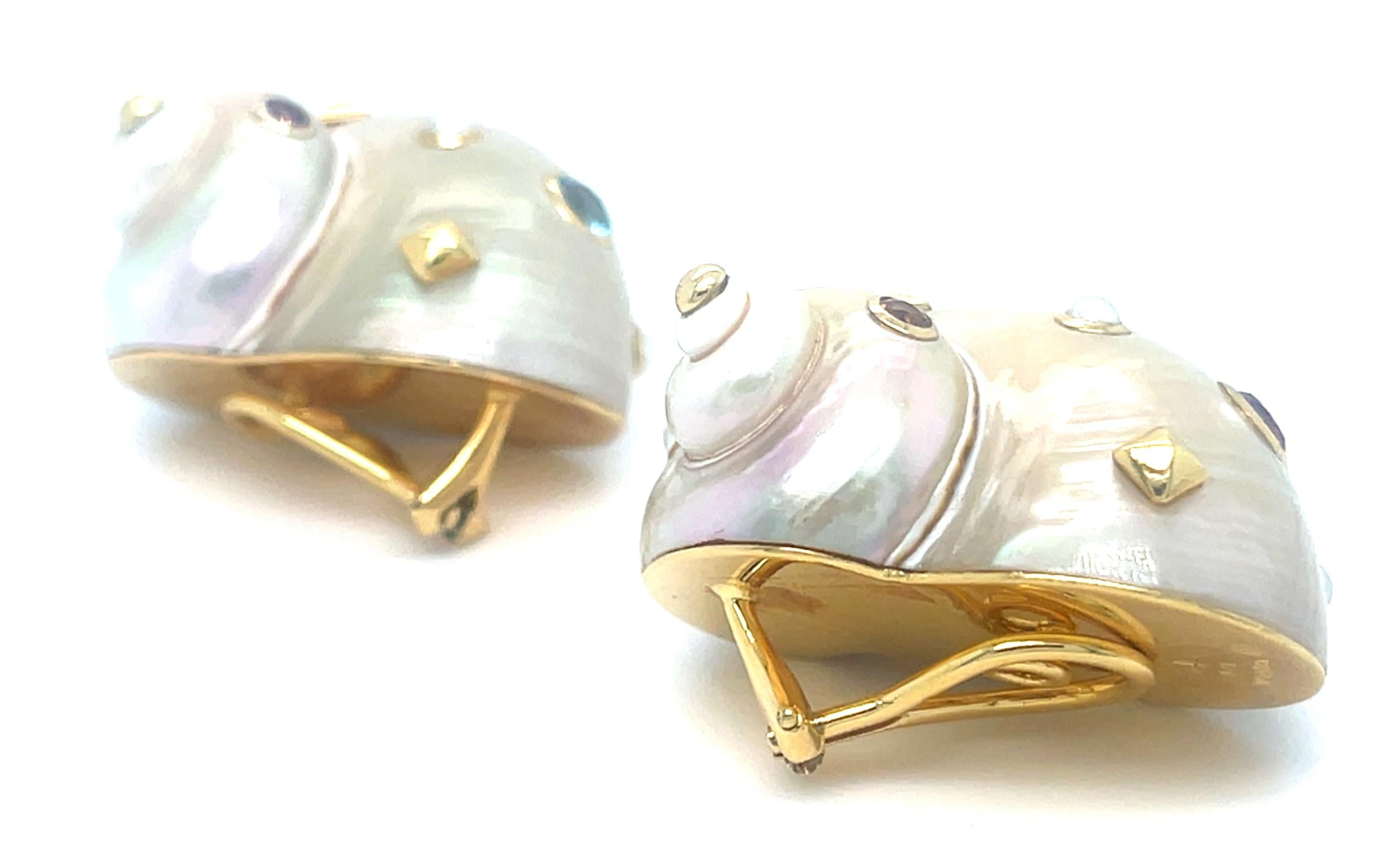 Trianon 18k Gold Mother-of-Pearl Shell Earrings with Gemstone Accents For Sale 4