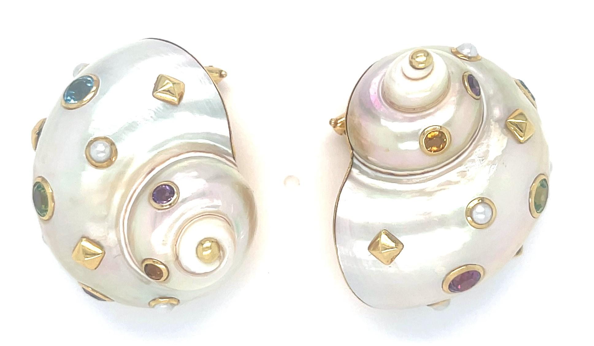 Modern Trianon 18k Gold Mother-of-Pearl Shell Earrings with Gemstone Accents For Sale