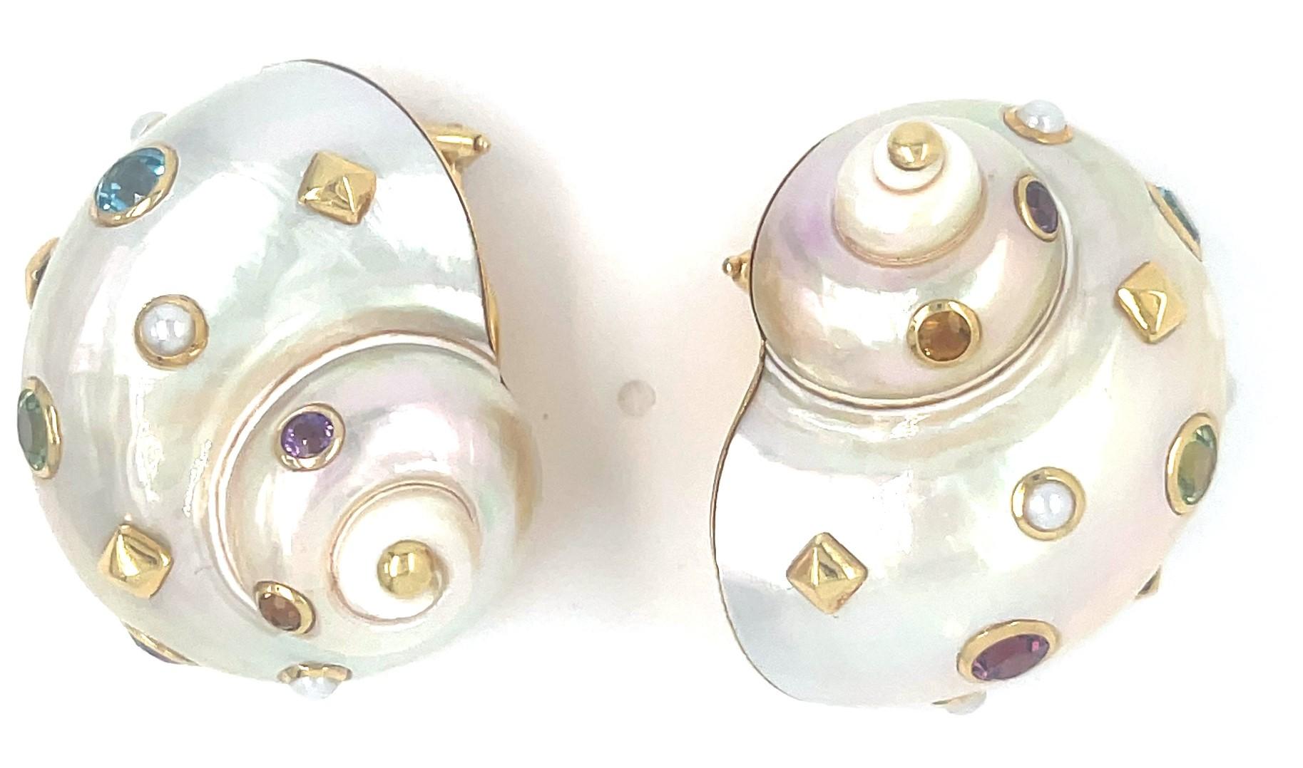 Uncut Trianon 18k Gold Mother-of-Pearl Shell Earrings with Gemstone Accents For Sale