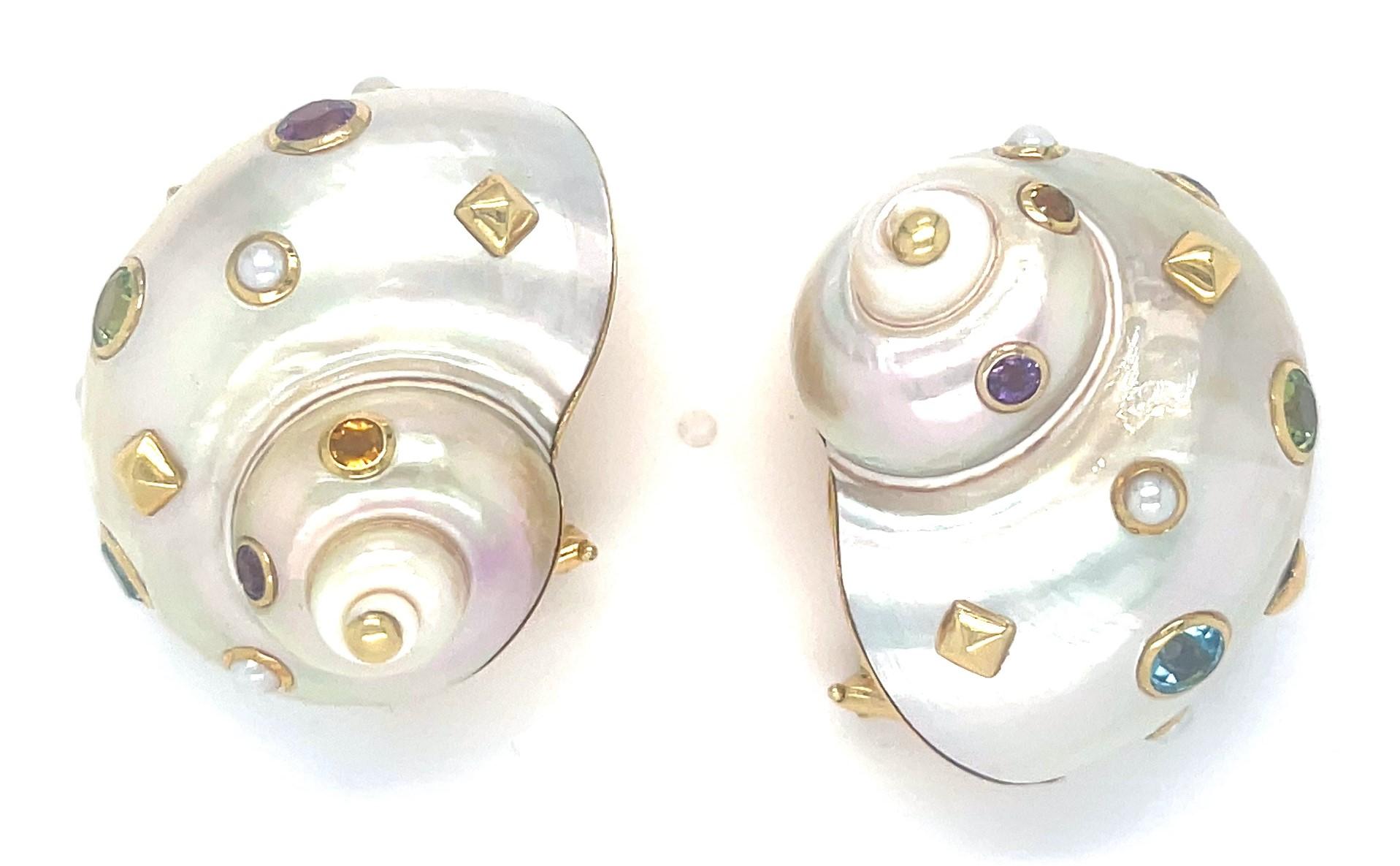 Trianon 18k Gold Mother-of-Pearl Shell Earrings with Gemstone Accents In Good Condition For Sale In Sherman Oaks, CA