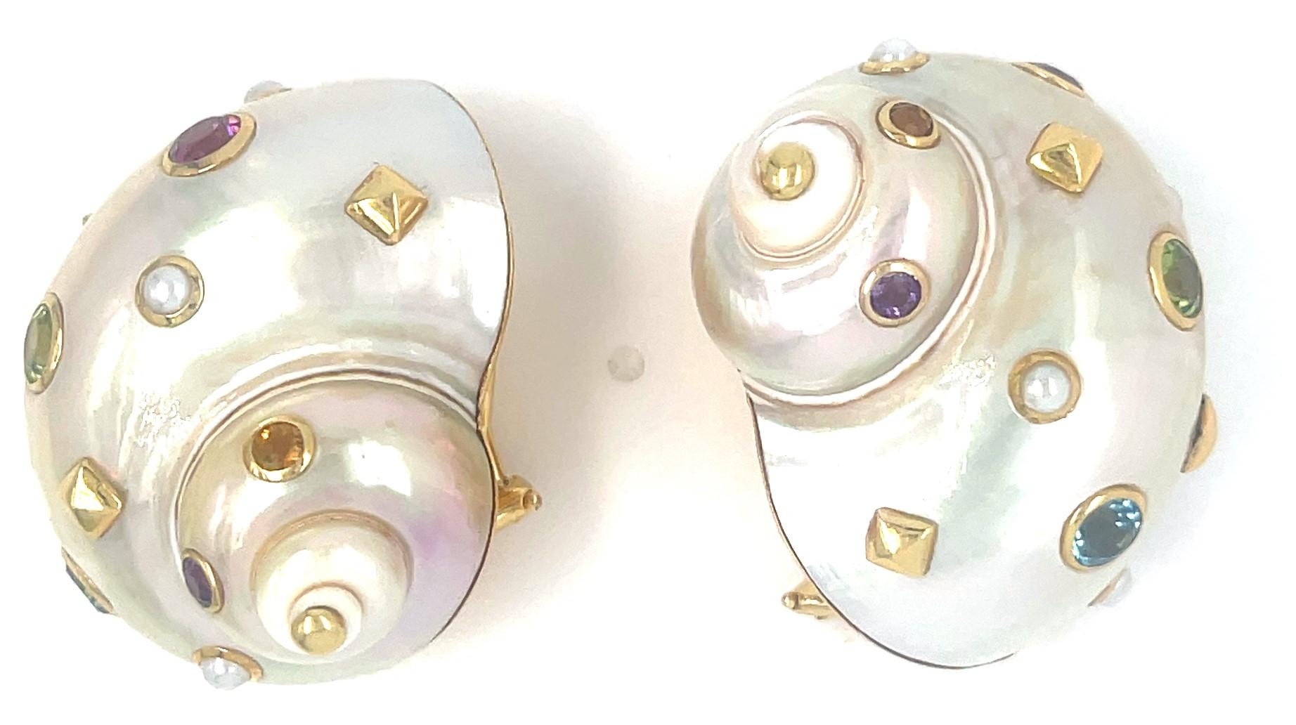 Women's or Men's Trianon 18k Gold Mother-of-Pearl Shell Earrings with Gemstone Accents For Sale