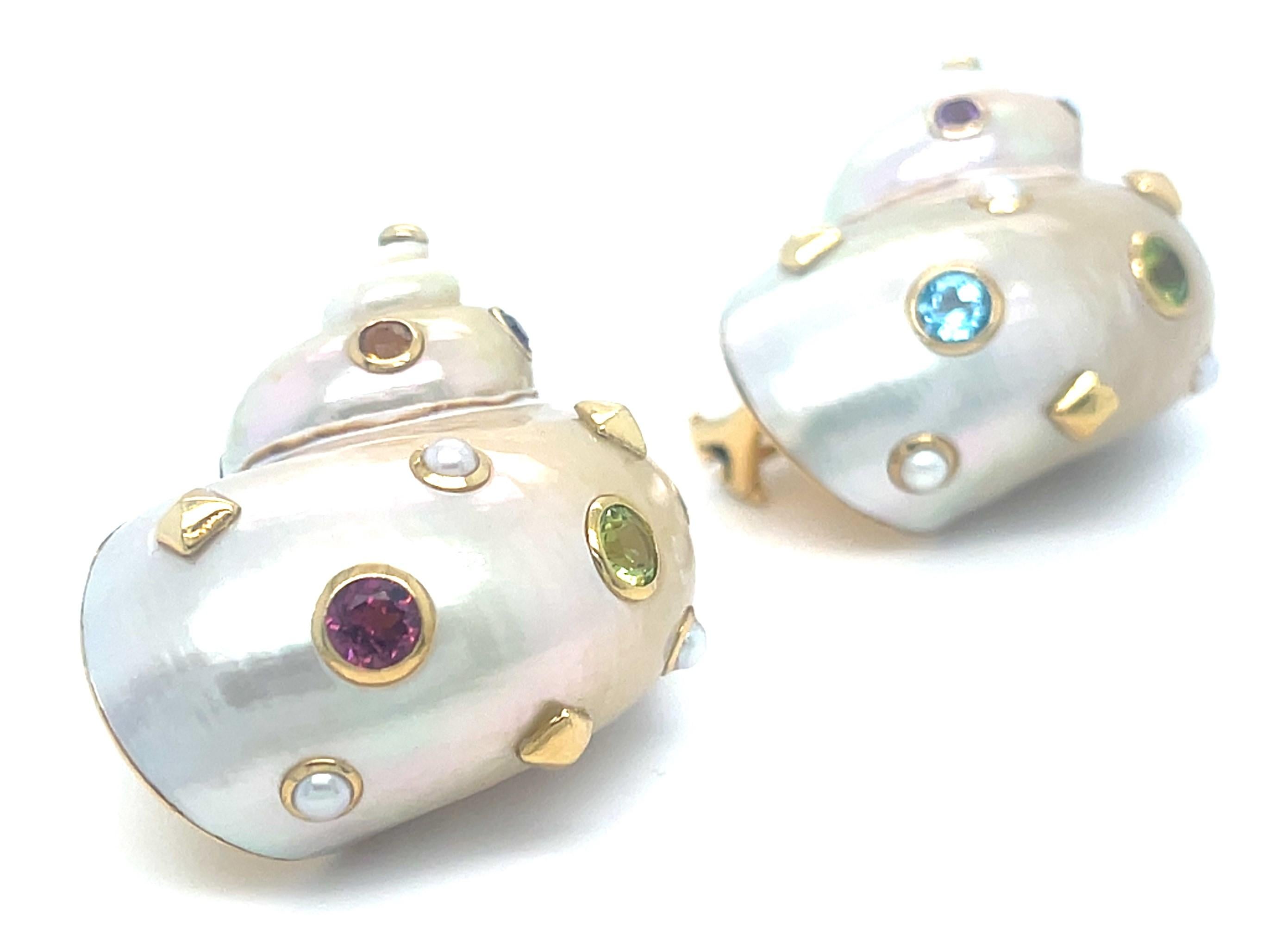 Trianon 18k Gold Mother-of-Pearl Shell Earrings with Gemstone Accents For Sale 2