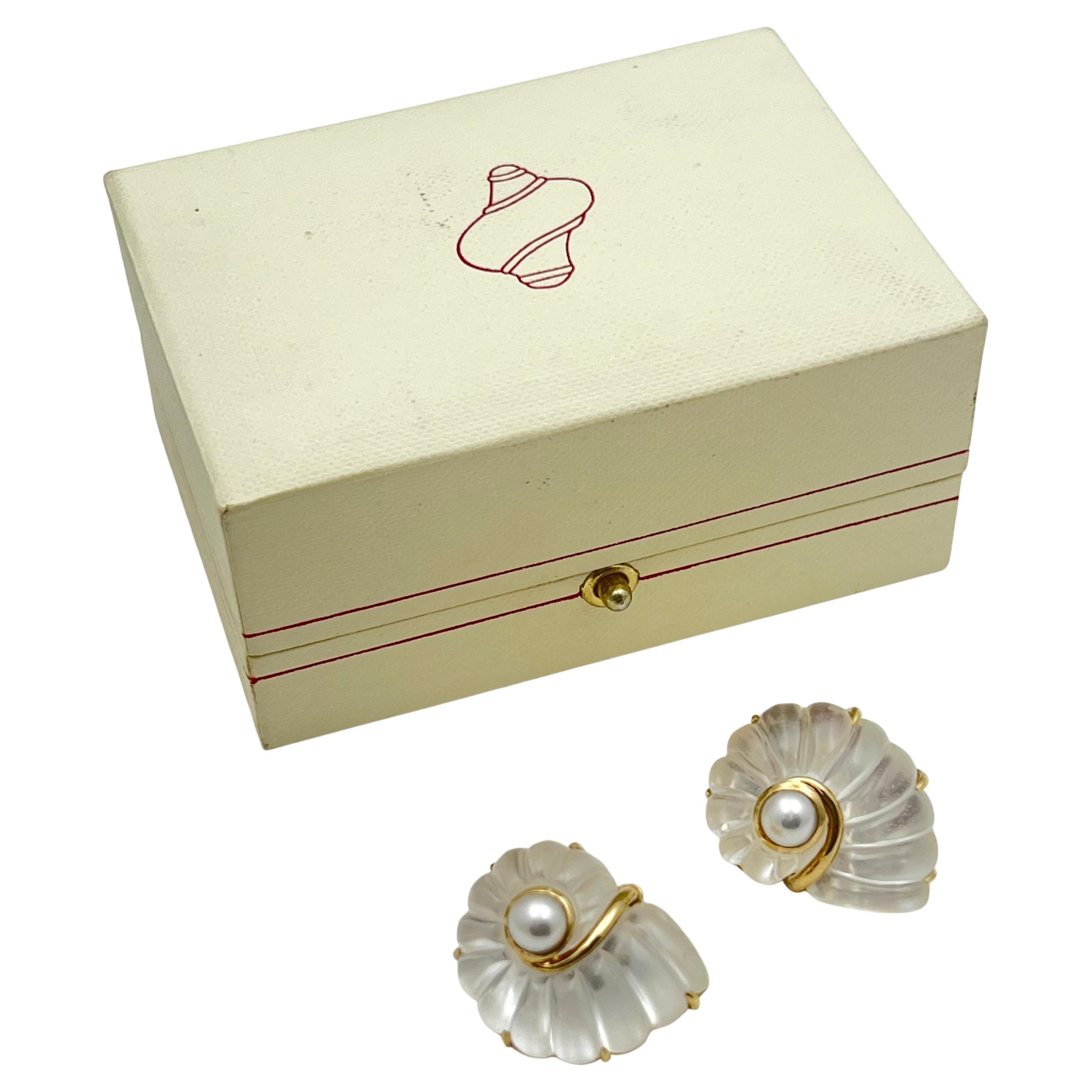 Trianon 18k Gold Rock Crystal Pearl Nautilus Earrings In Excellent Condition In Palm Beach, FL
