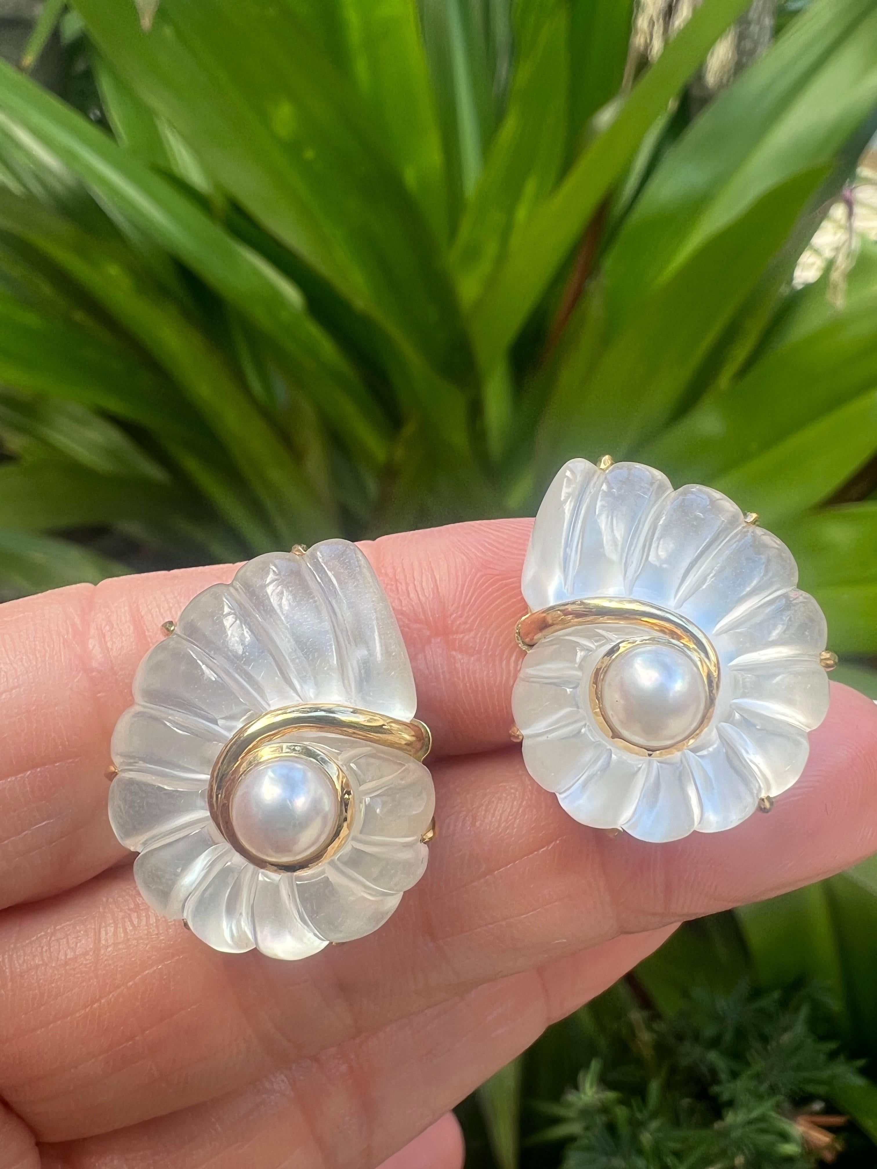 Trianon 18k Gold Rock Crystal Pearl Nautilus Earrings 2