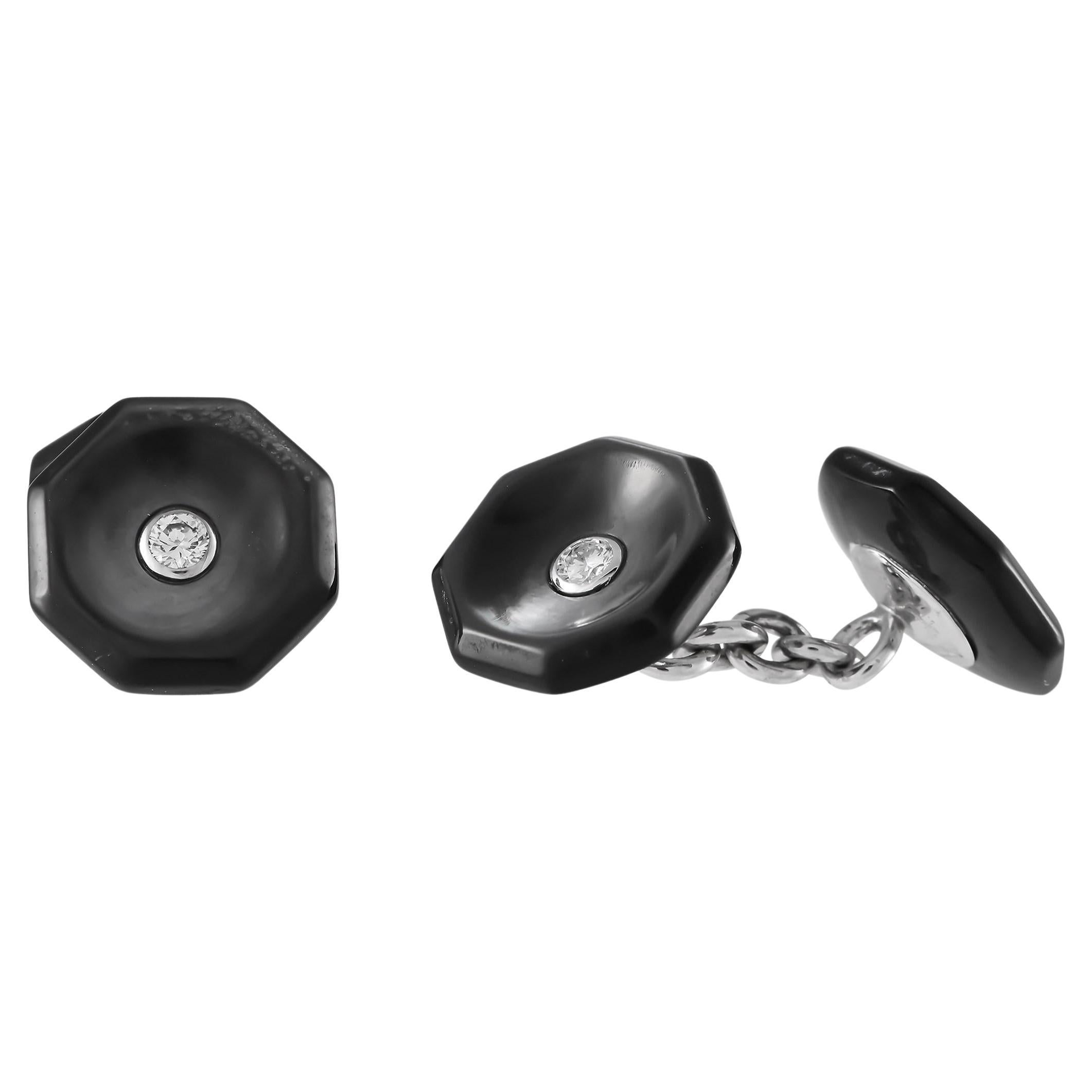 Trianon Boutons de manchette en or blanc 18 carats avec diamants et nacre noire de 0,25 carat Bon état - En vente à New York, NY