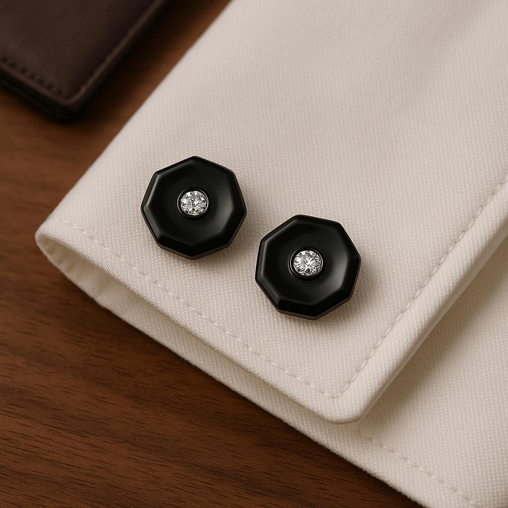 Taille ronde Trianon Boutons de manchette en or blanc 18 carats avec diamants et nacre noire de 0,25 carat en vente