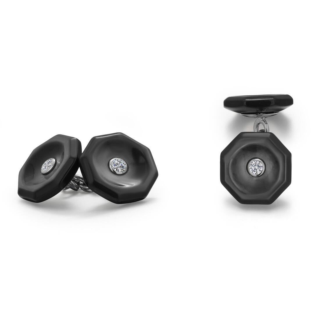 Trianon Boutons de manchette en or blanc 18 carats avec diamants et nacre noire de 0,25 carat en vente 3
