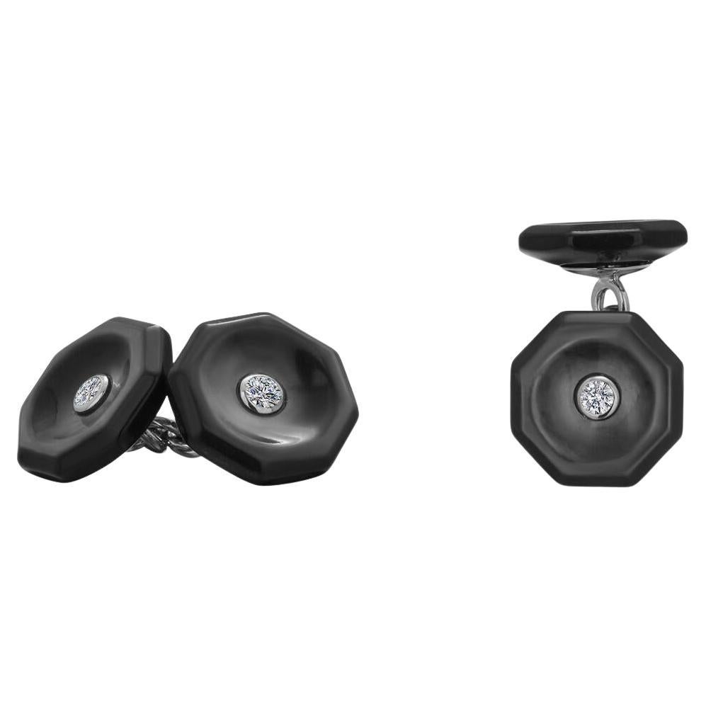 Trianon 18K White Gold Diamond 0.25 Carat Black Mother-of-Pearl Cufflinks