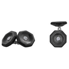 Trianon Boutons de manchette en or blanc 18 carats avec diamants et nacre noire de 0,25 carat