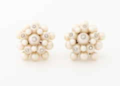 Trianon 18K White Gold Cultured Pearl Diamond Cluster Clip-On Earrings
