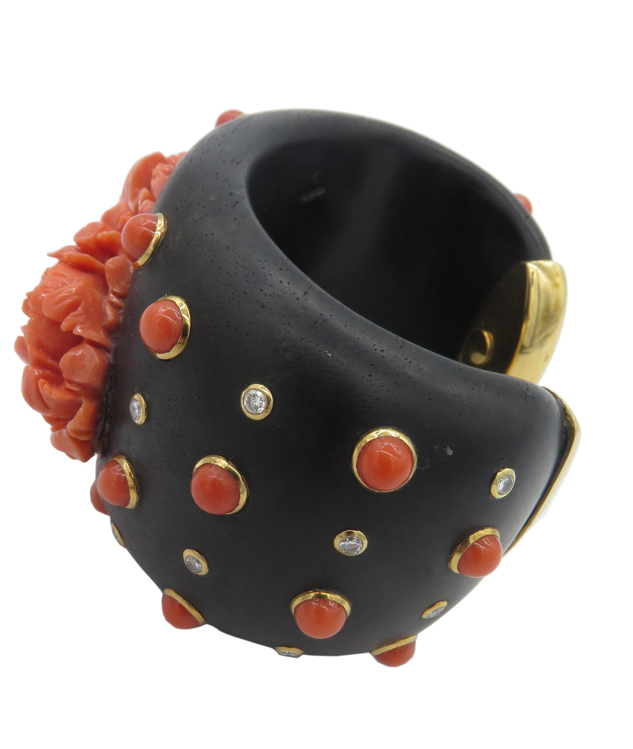Trianon 18 Karat Yellow Gold Carved Coral and Diamond Ebony Wood Bracelet In Excellent Condition For Sale In West Palm Beach, FL