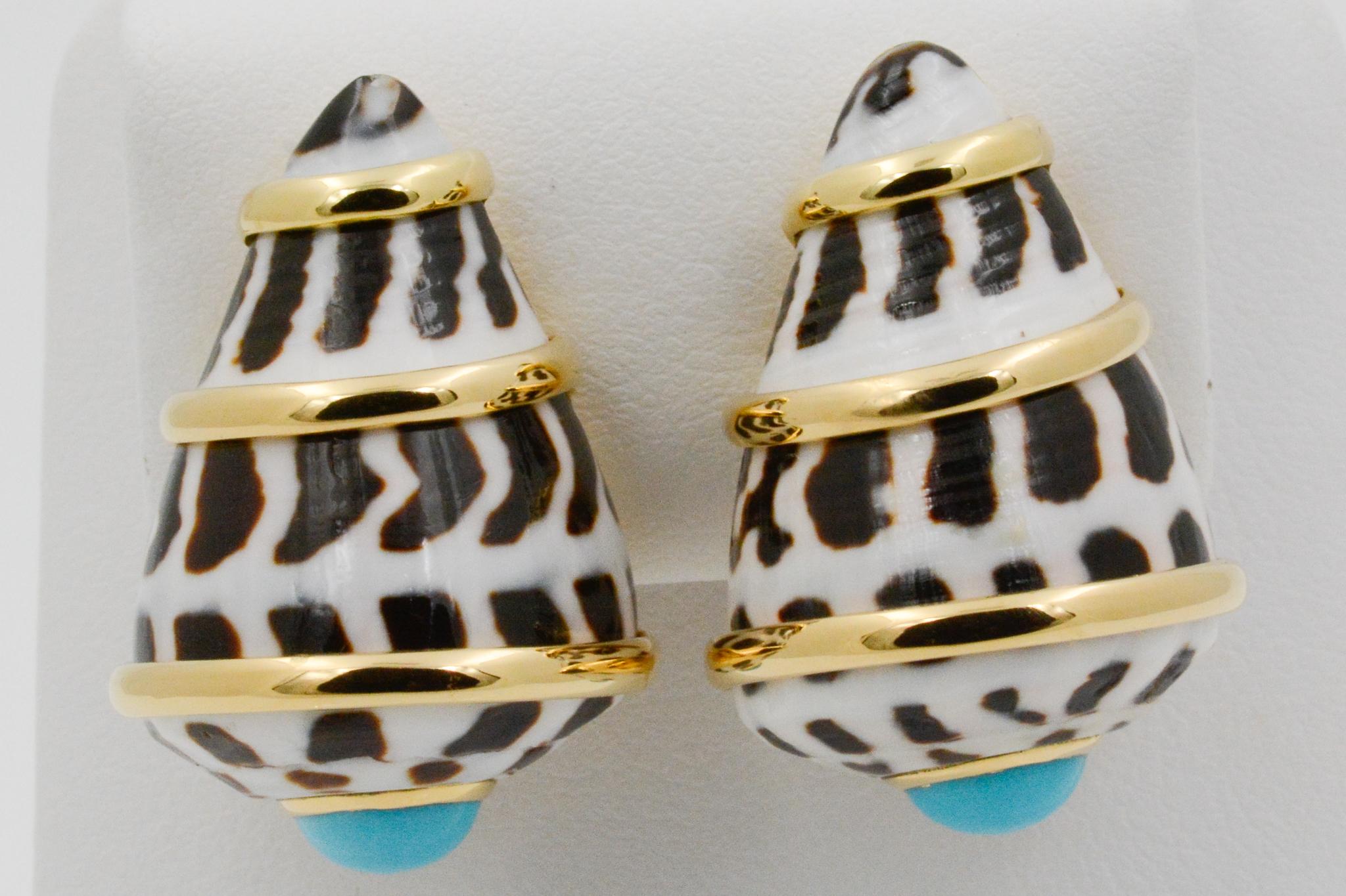 Modern Trianon 18 Karat Yellow Gold Conus Ebraus Shell Turquoise Earrings