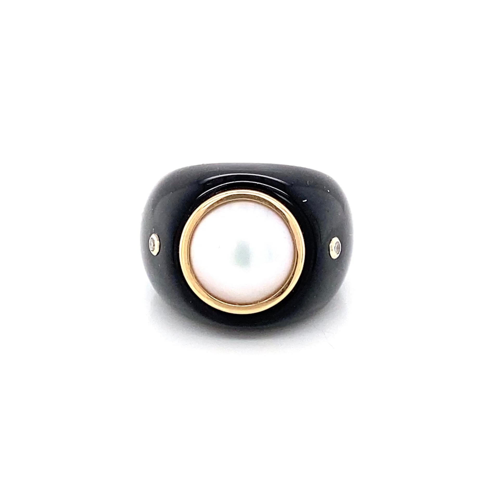 Moderne Trianon 1980 Or jaune 14K Perles de Mabe, Onyx et Diamants en vente