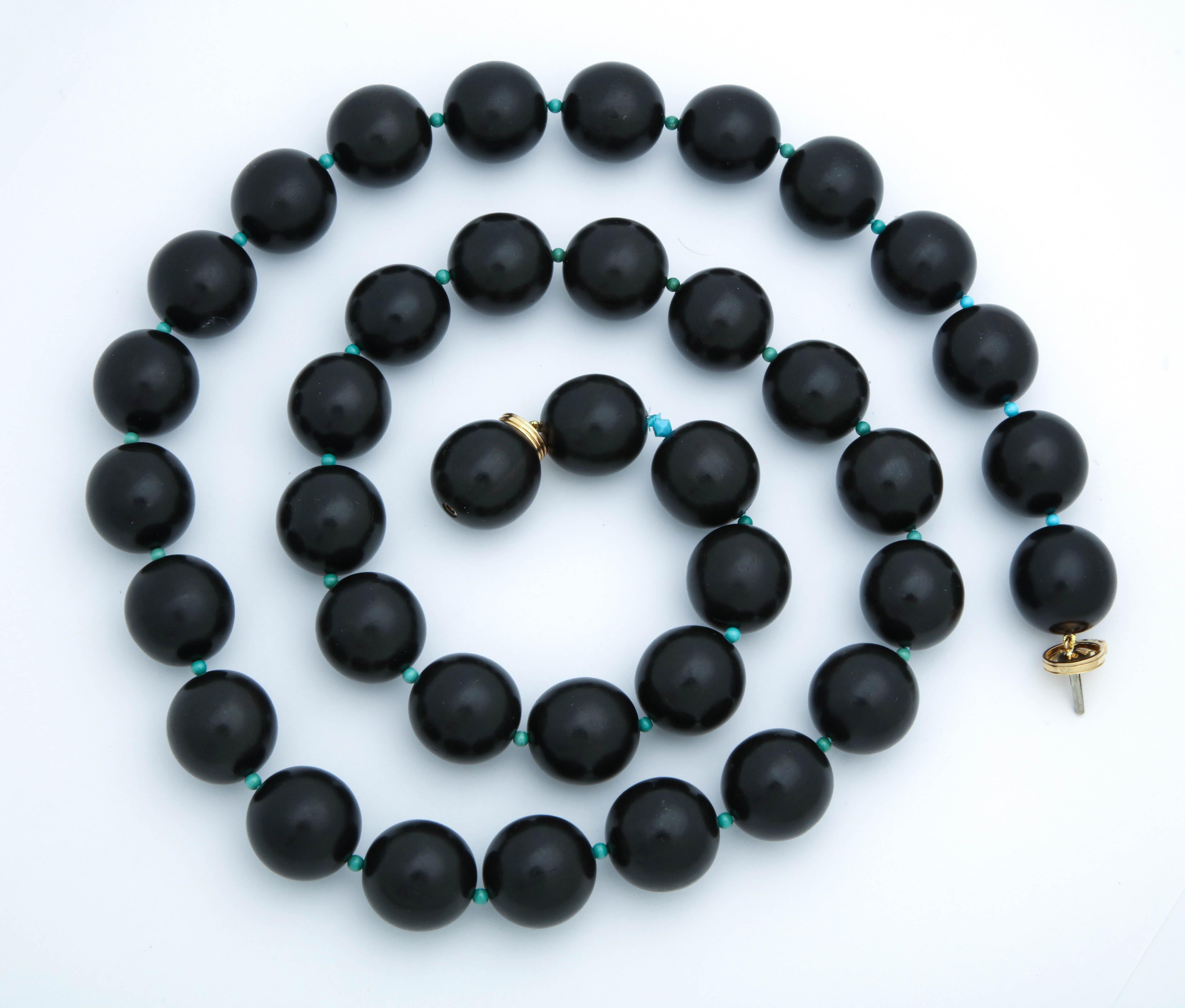 Round Cut Trianon 1980s Ebony with Turquoise Necklace with Earclips Matching Ensemble