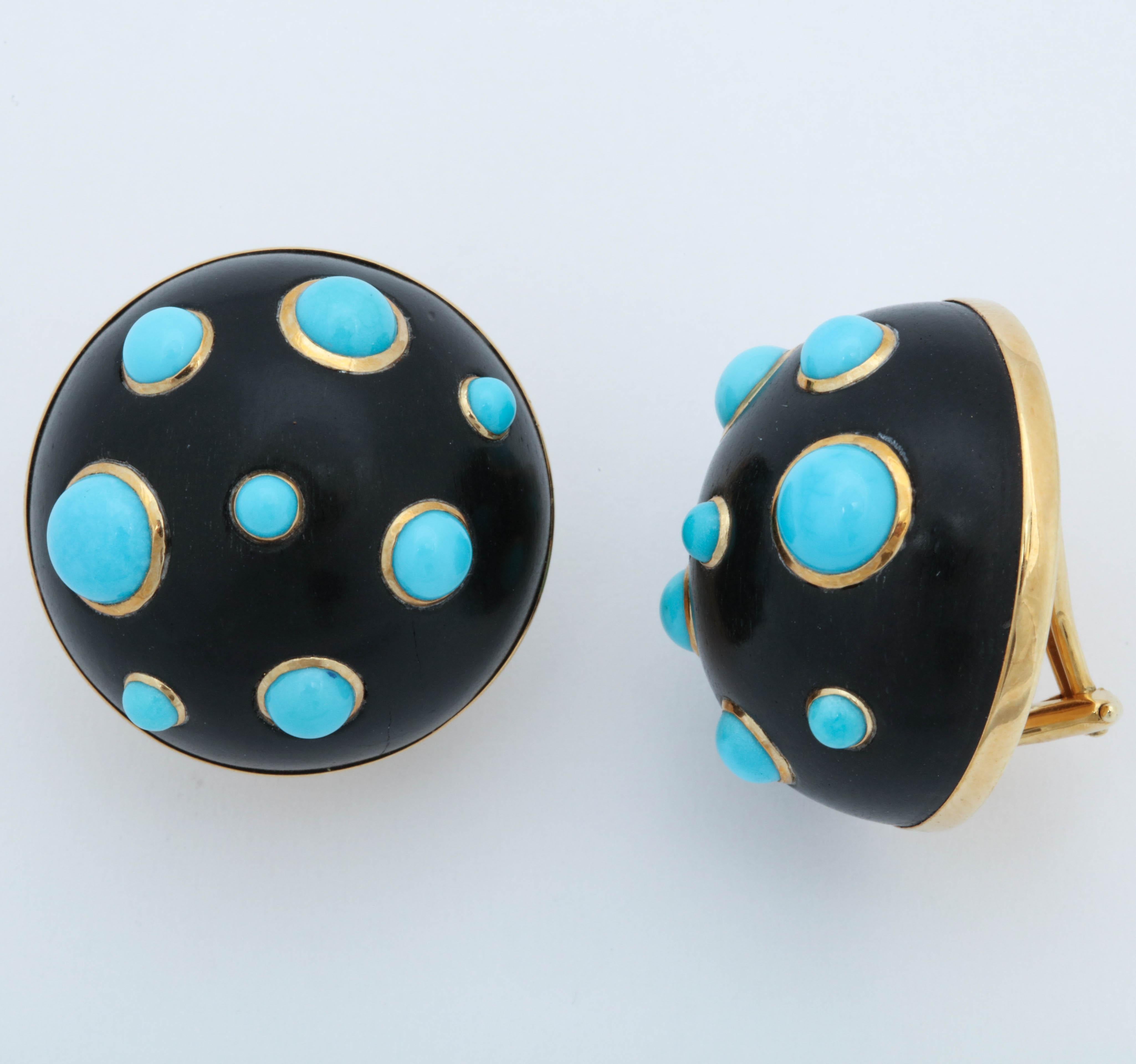 Trianon 1980s Ebony with Turquoise Necklace with Earclips Matching Ensemble 1