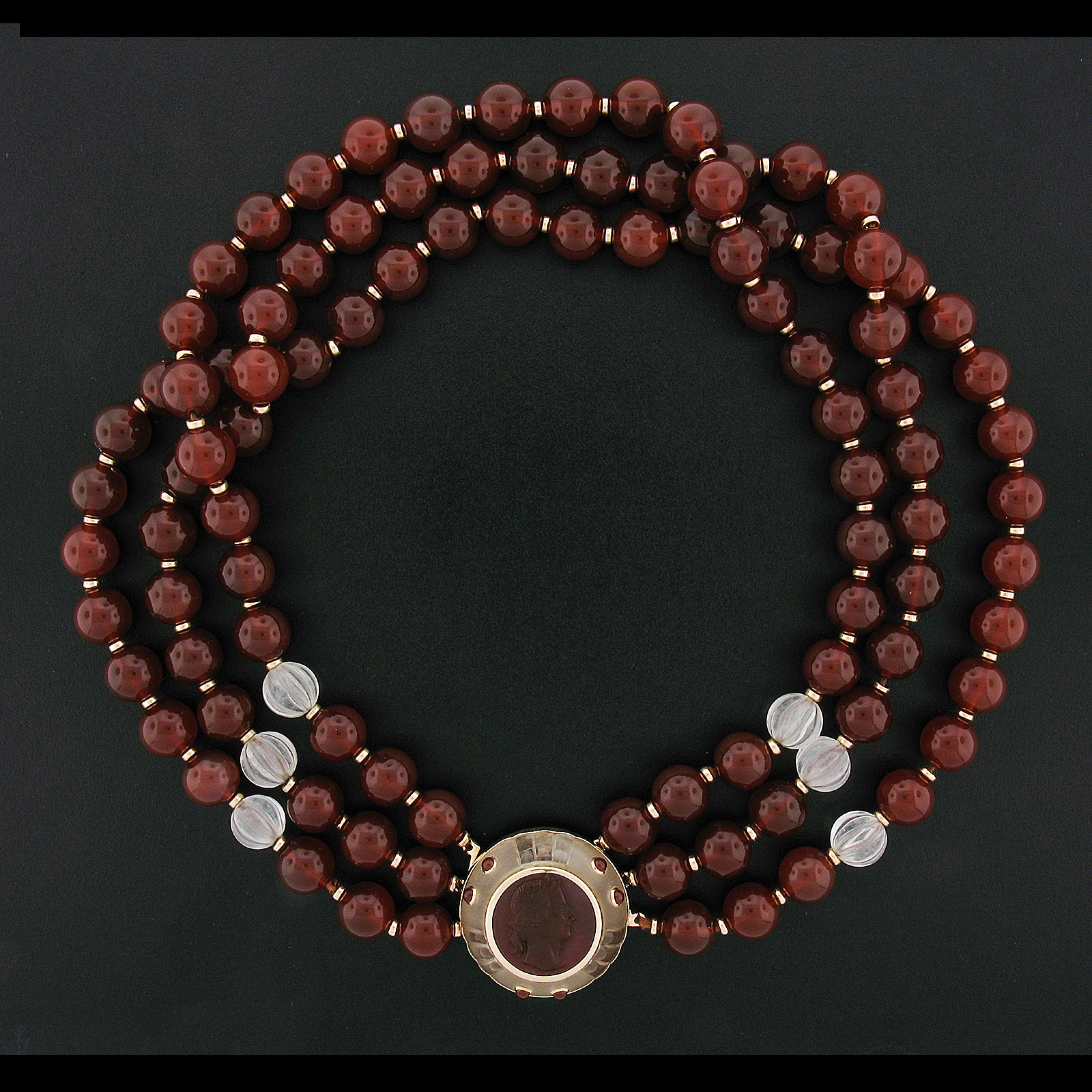 Trianon 3 Strand Carnelian & Rock Crystal Bead Necklace & Cameo 14k Gold Pendant In Good Condition For Sale In Montclair, NJ