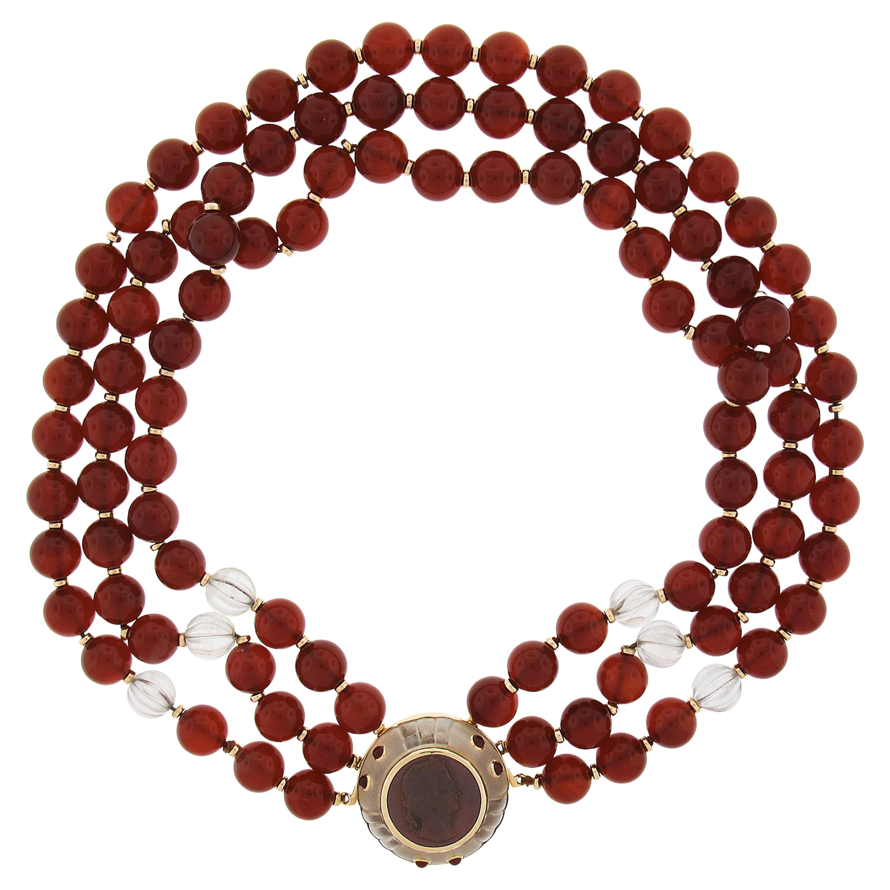 Trianon 3 Strand Carnelian & Rock Crystal Bead Necklace & Cameo 14k Gold Pendant For Sale