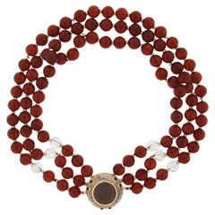 Trianon 3 Strand Carnelian & Rock Crystal Bead Necklace & Cameo 14k Gold Pendant