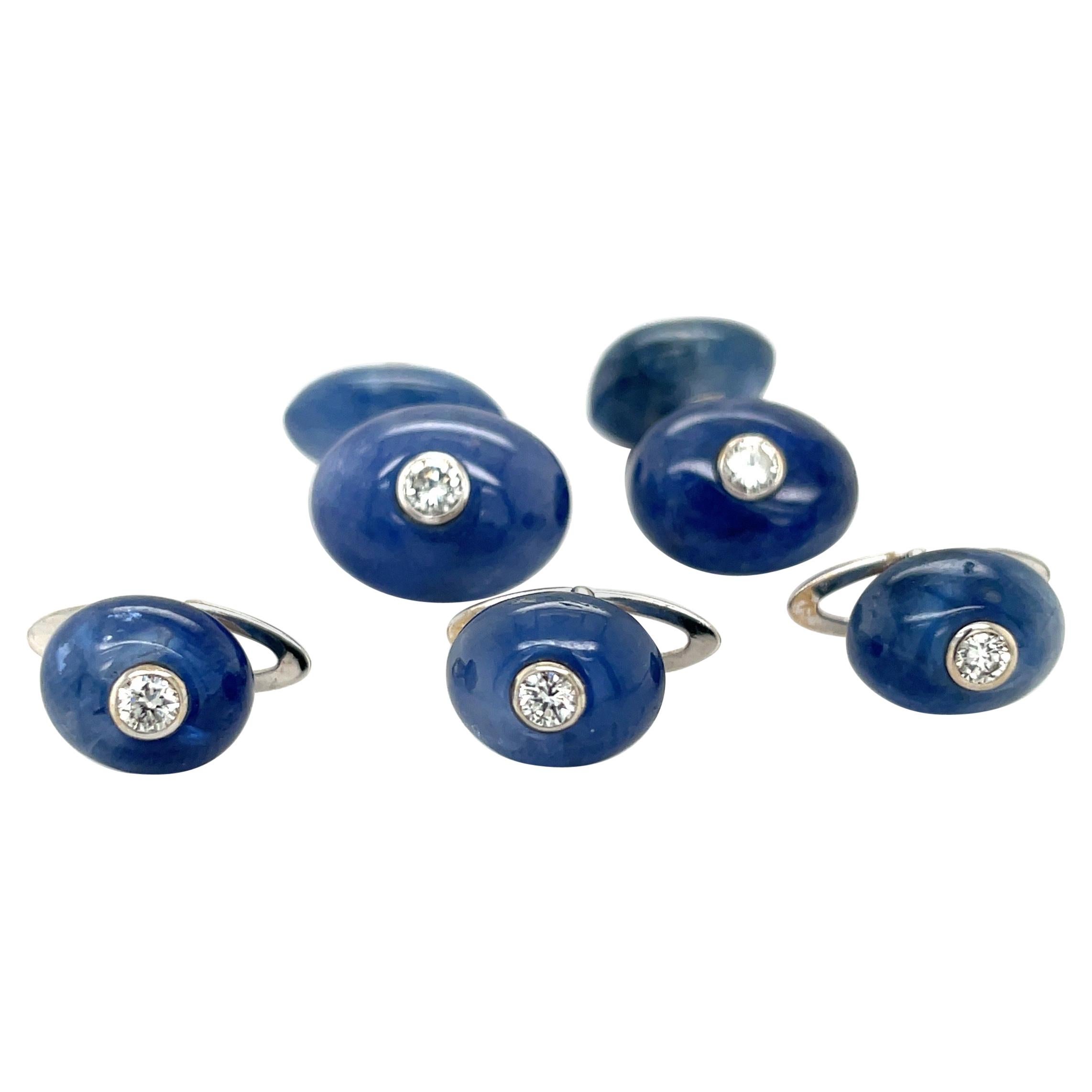 Trianon Ensemble boutons de manchette et clous de manchette en saphir bleu 39,61 carats et diamants 0,38 carat en vente