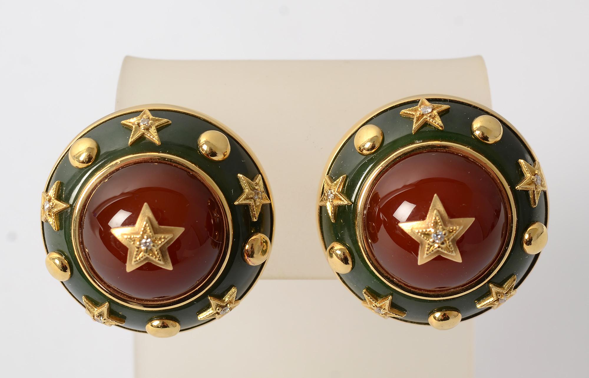 Contemporary Trianon Aventurine, Carnelian and Diamond Gold Earrings