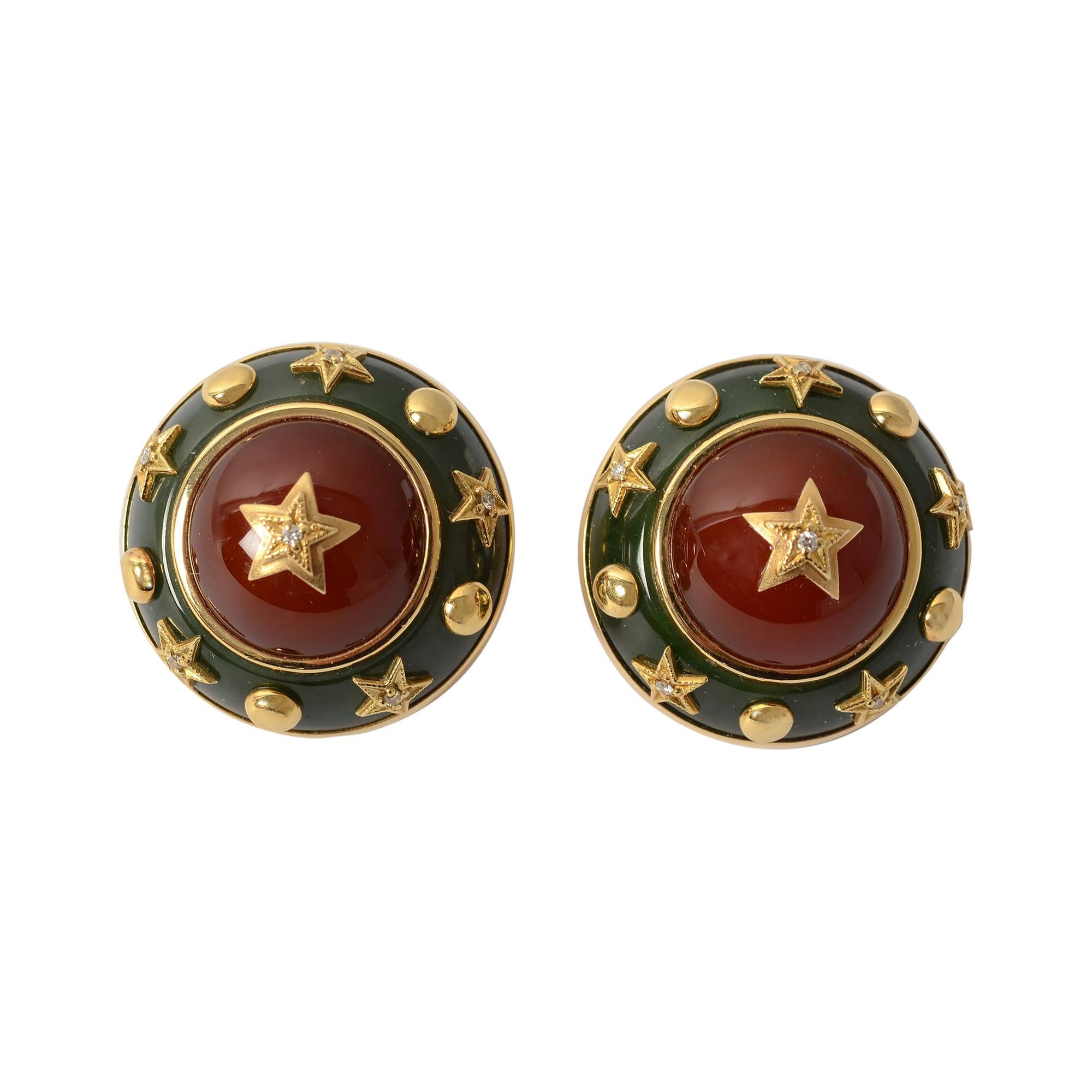 Trianon Aventurine, Carnelian and Diamond Gold Earrings