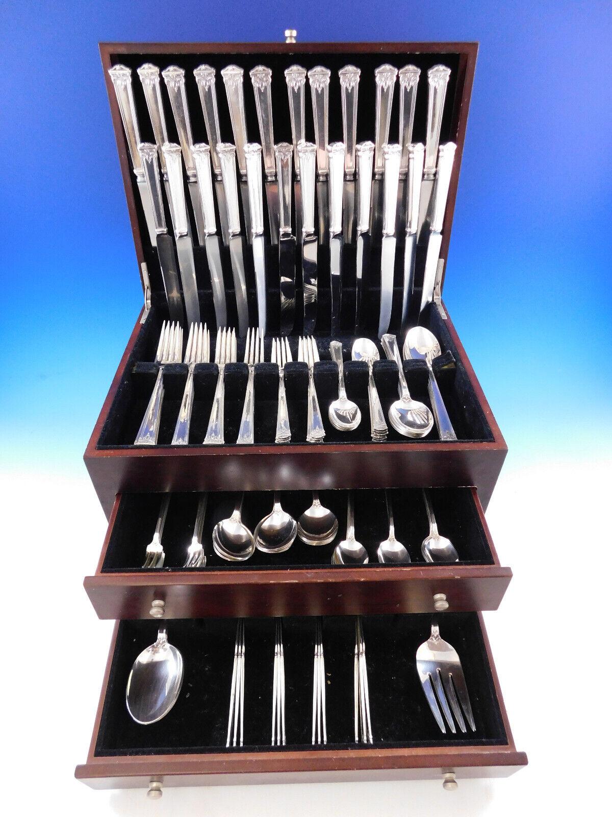 Superb monumental Dinner & Luncheon Size Trianon by International sterling silver Flatware set, 138 pieces. This set includes:

12 Dinner Size Knives, Blunt, 9 7/8
