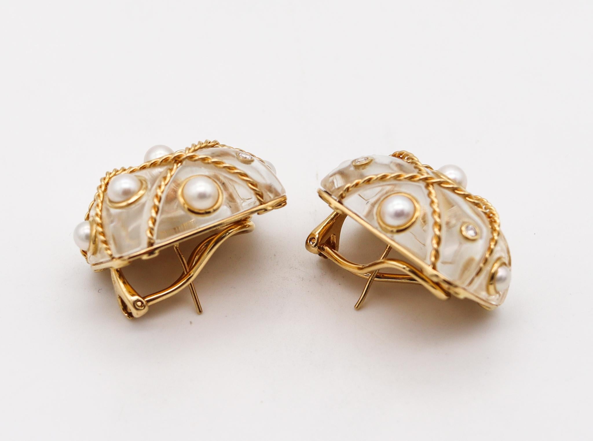 Cabochon Trianon by Seaman Schepps Rock Quartz Caged Clip Earrings 18Kt Gold with Diamond For Sale