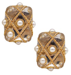 Vintage Trianon by Seaman Schepps Rock Quartz Caged Clip Earrings 18Kt Gold with Diamond