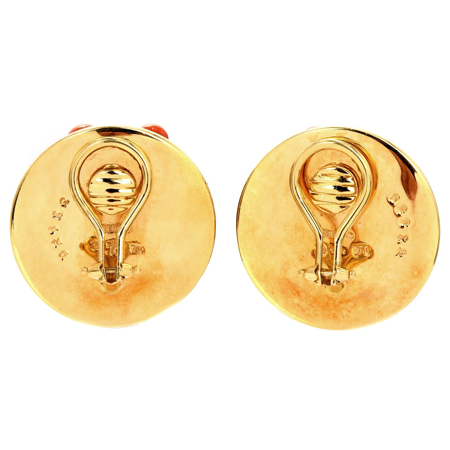 Cabochon Trianon by Seamas Scheeps Rose Wood Diamond Coral 18k Dome Clip-On Earrings