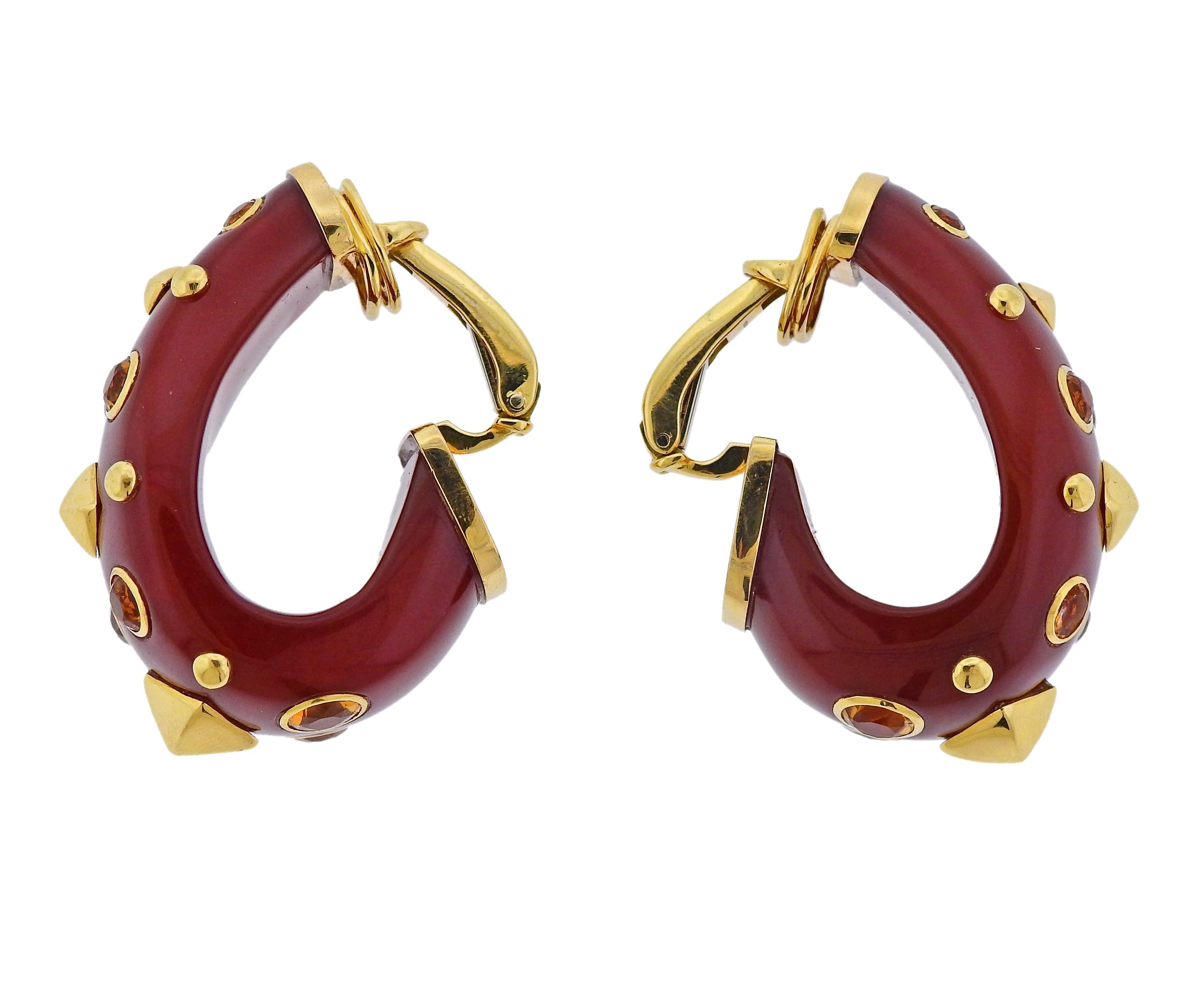 18k yellow gold large half hoop earrings by Trianon, featuring carnelian top and citrines. Retail $16500. Earrings are 37mm x 19mm, weigh 44.6 grams. Marked:  Trianon mark, BV125X, 750, Trianon.