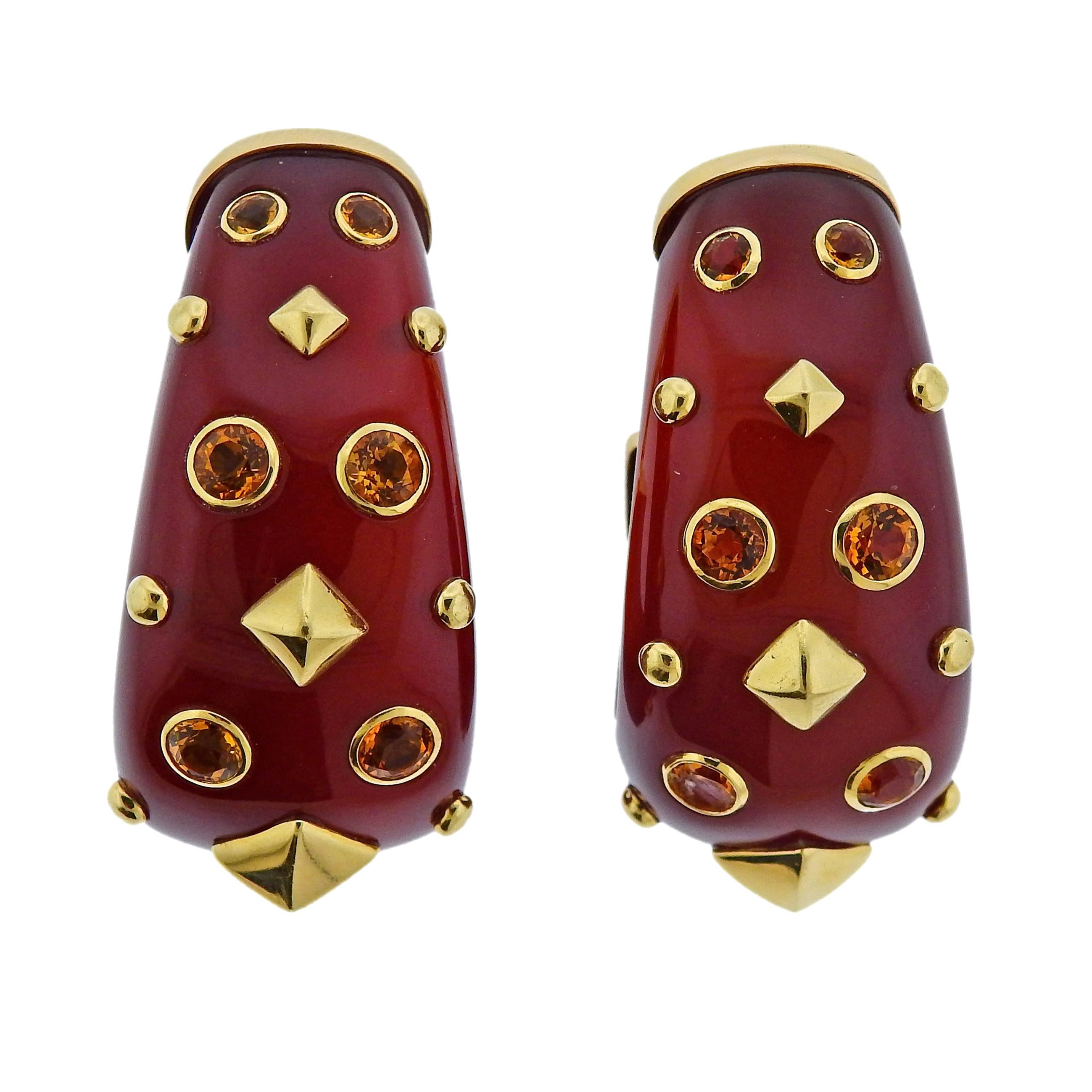 Trianon Carnelian Citrine Gold Half Hoop Earrings For Sale