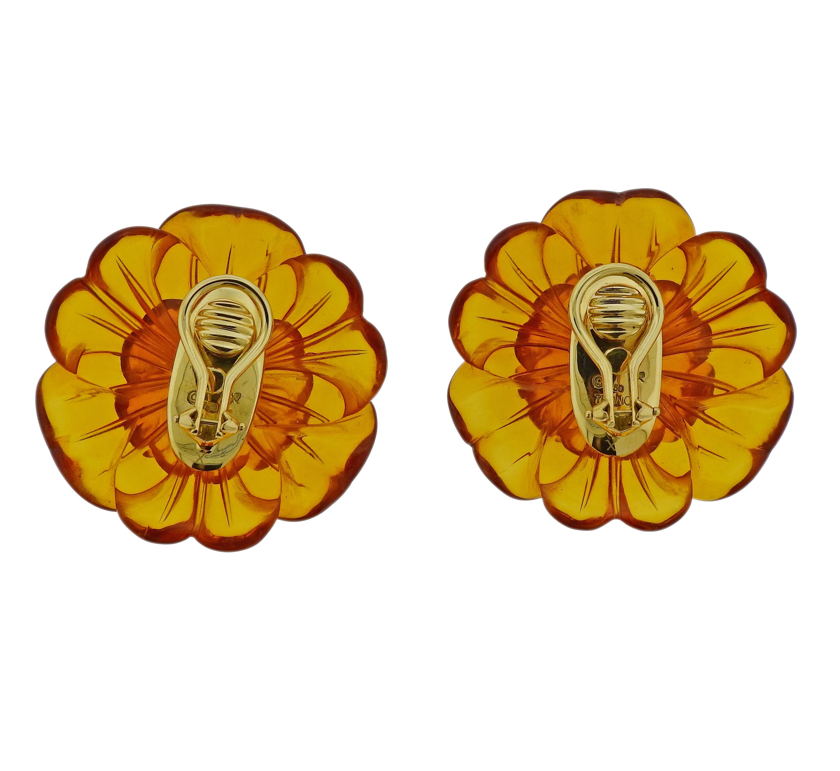 Pair of large flower earrings by Trianon, featuring amber petals, diamonds and citrine in the center.  Retail $4070. Earrings are 35mm in diameter, weigh 13.8 grams. Marked: Trianon, 750.  