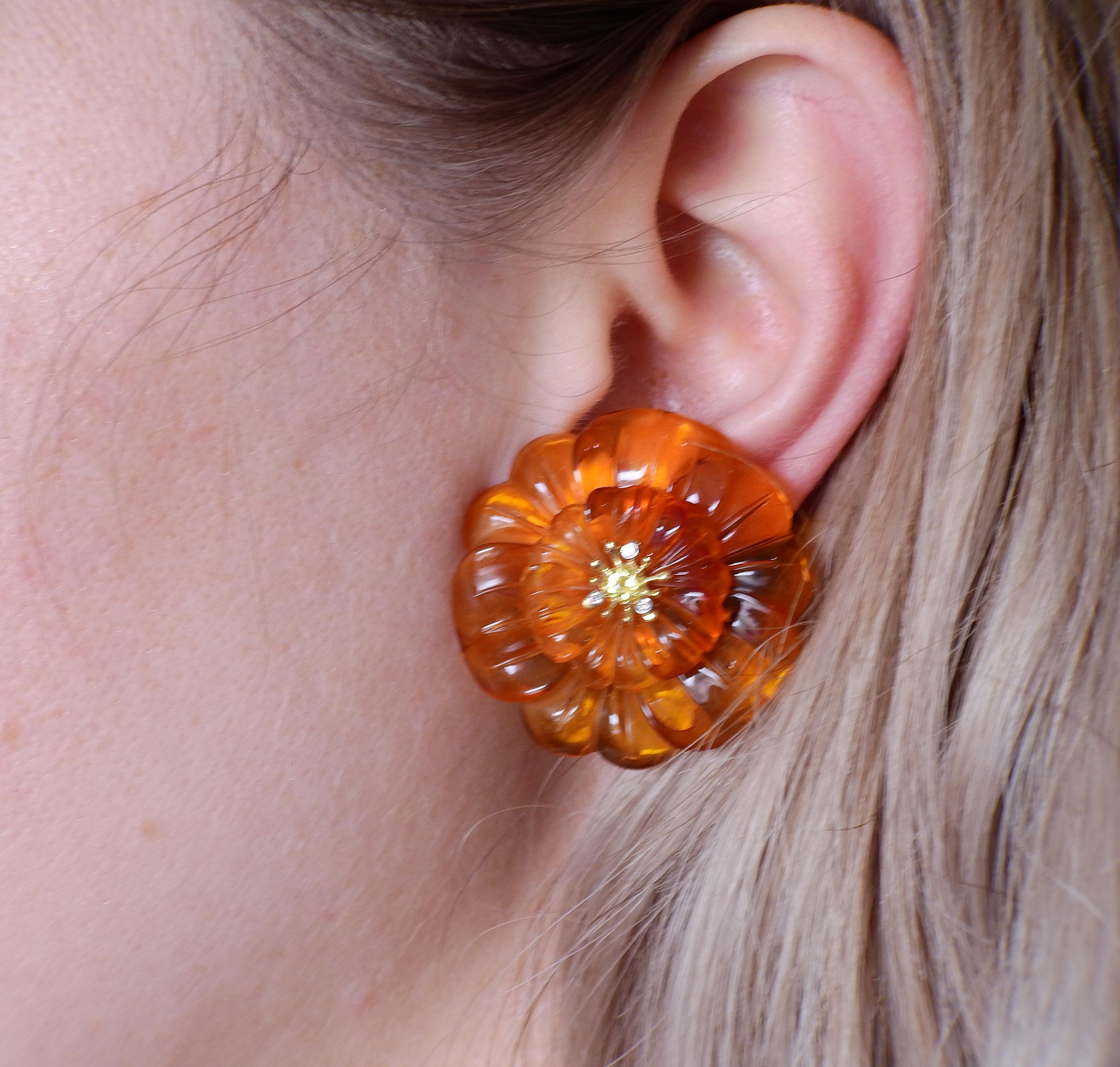 Women's Trianon Carved Amber Diamond Citrine Gold Flower Earrings