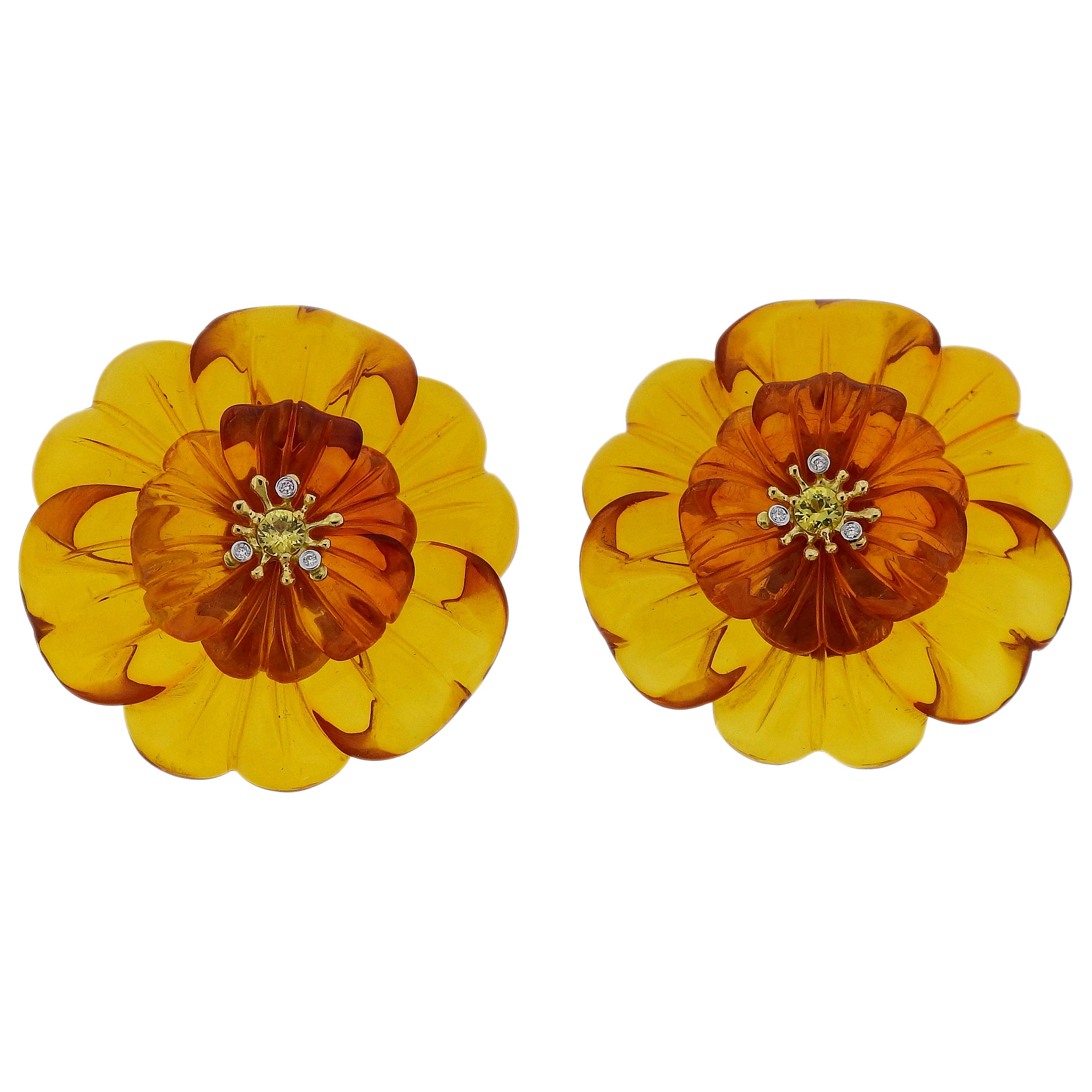 Trianon Carved Amber Diamond Citrine Gold Flower Earrings