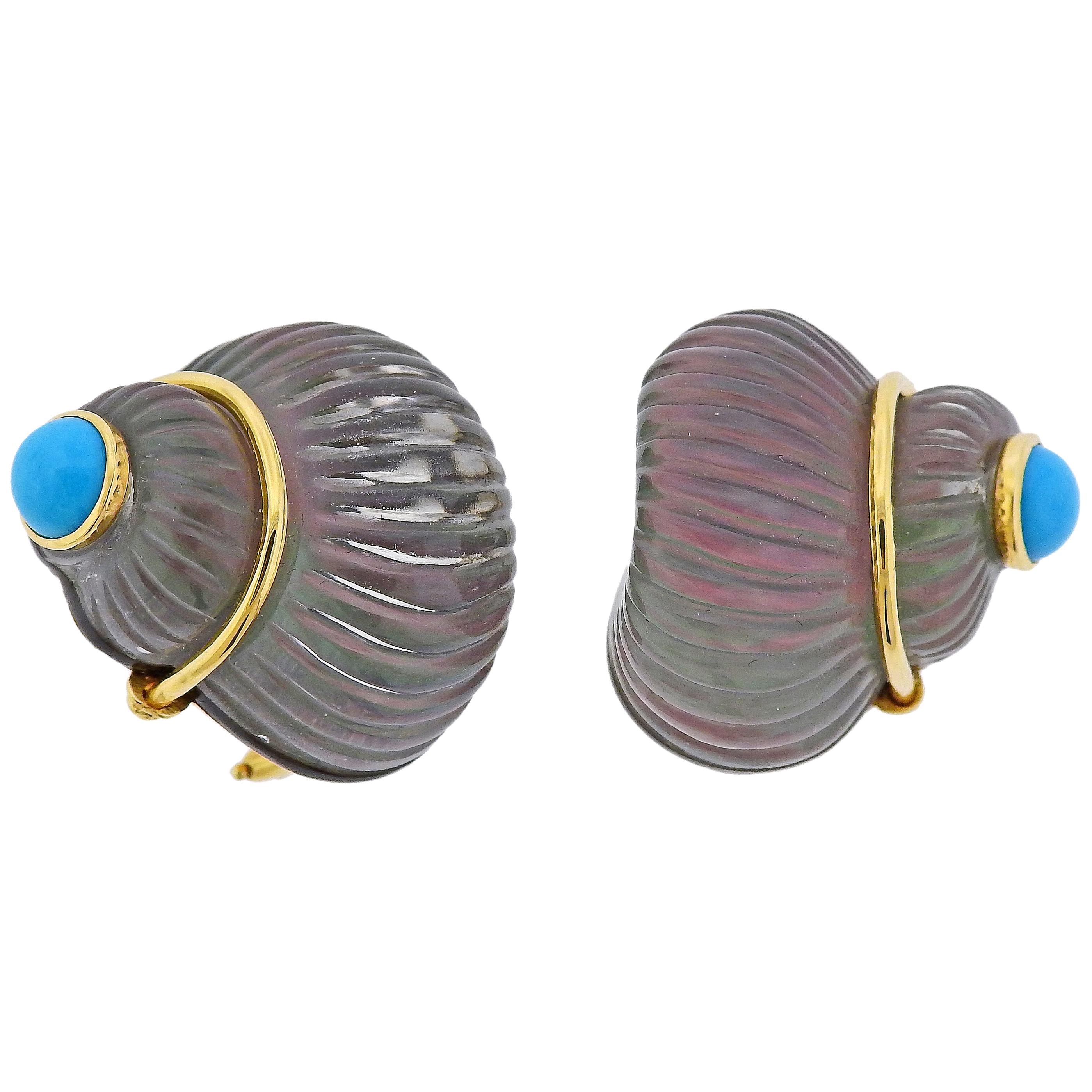 Trianon Carved Crystal Mother of Pearl Turquoise Shell Gold Earrings For Sale