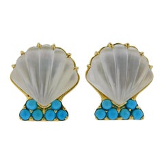 Trianon Carved Crystal Mother of Pearl Turquoise Shell Motif Gold Earrings