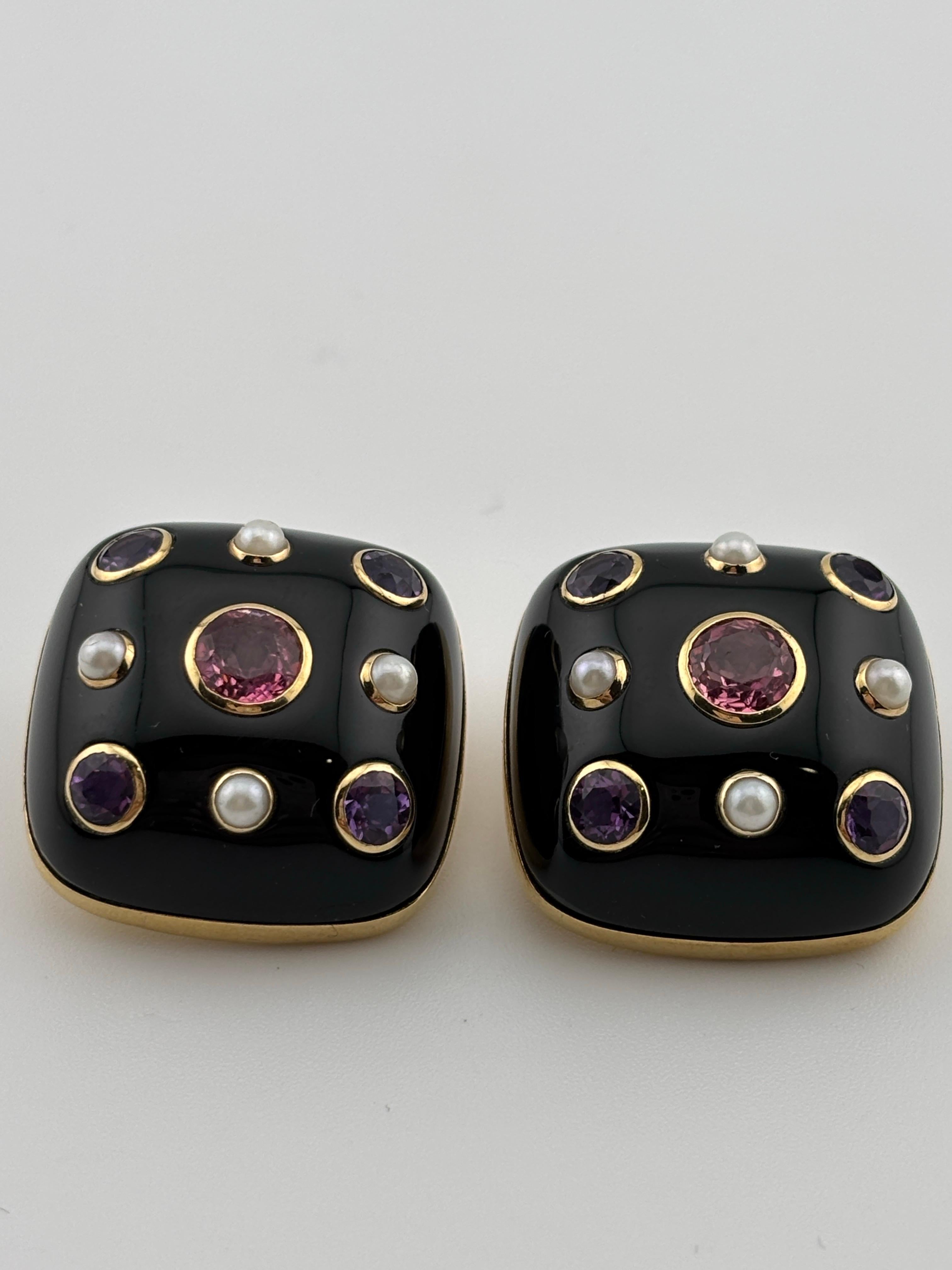 Trianon Clip On Ohrringe Schwarz Onyx Turmalin Amethyst Perle 14k Gelb im Zustand „Gut“ im Angebot in Bernardsville, NJ