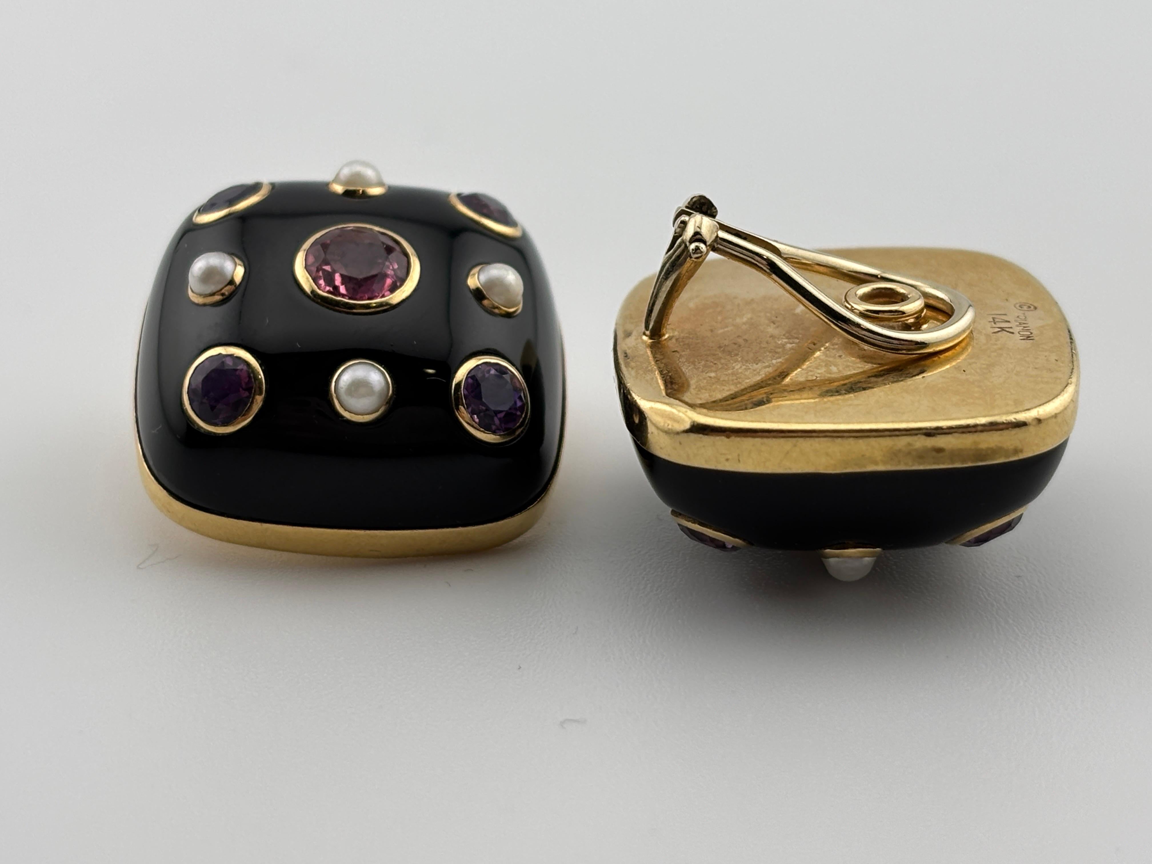 Trianon Clip On Ohrringe Schwarz Onyx Turmalin Amethyst Perle 14k Gelb im Angebot 1