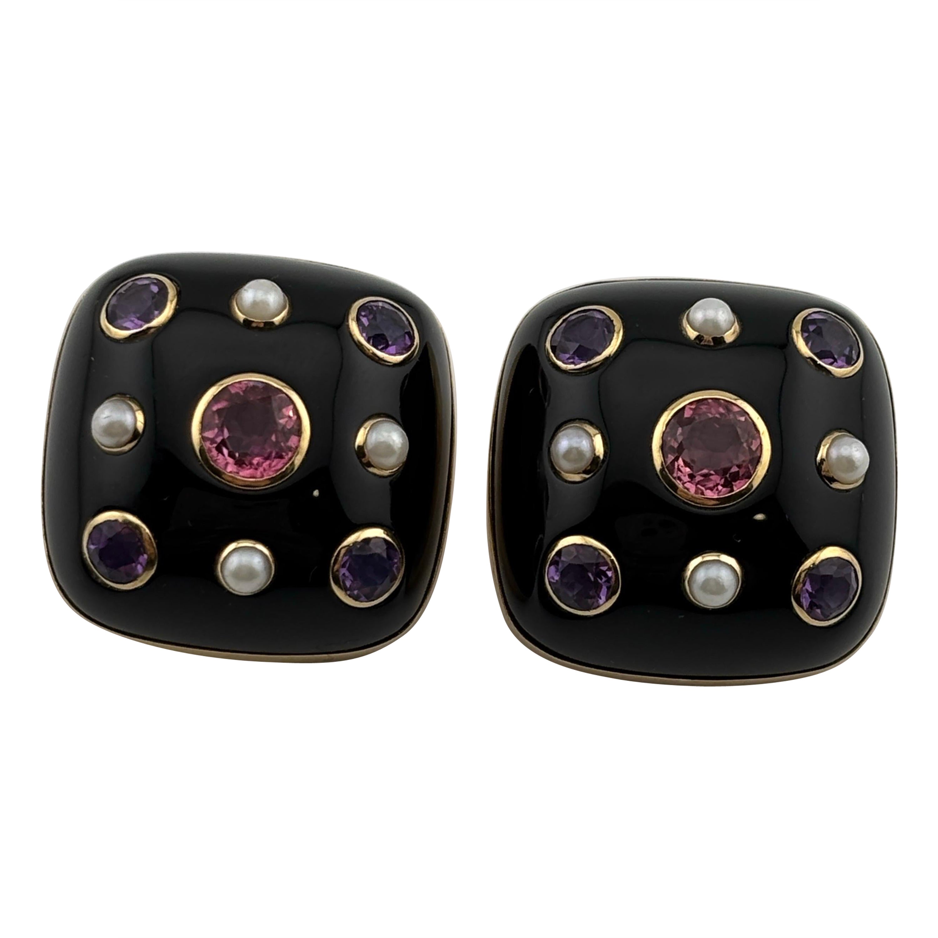 Trianon Clip On Ohrringe Schwarz Onyx Turmalin Amethyst Perle 14k Gelb